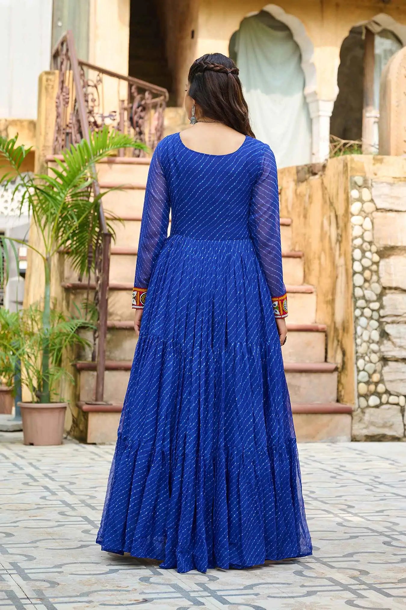 BlueLaheriya Print With Kutchi Patch Work Navratri Gown