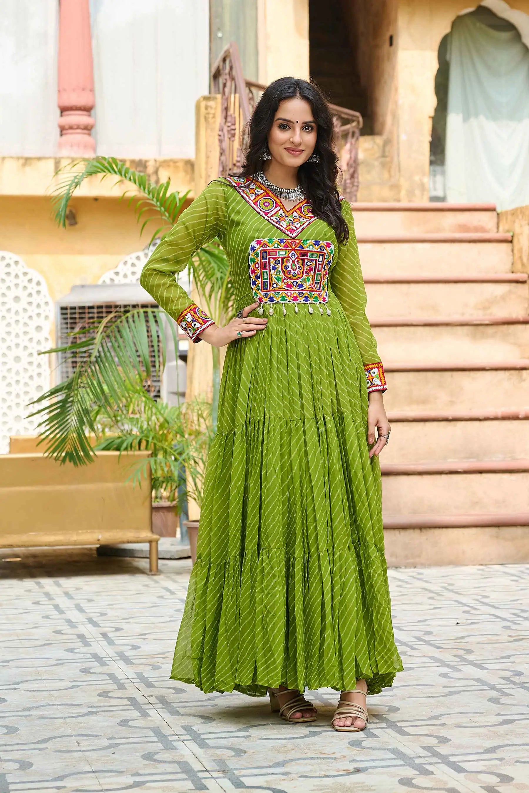 Parrot Laheriya Print With Kutchi Patch Work Navratri Gown