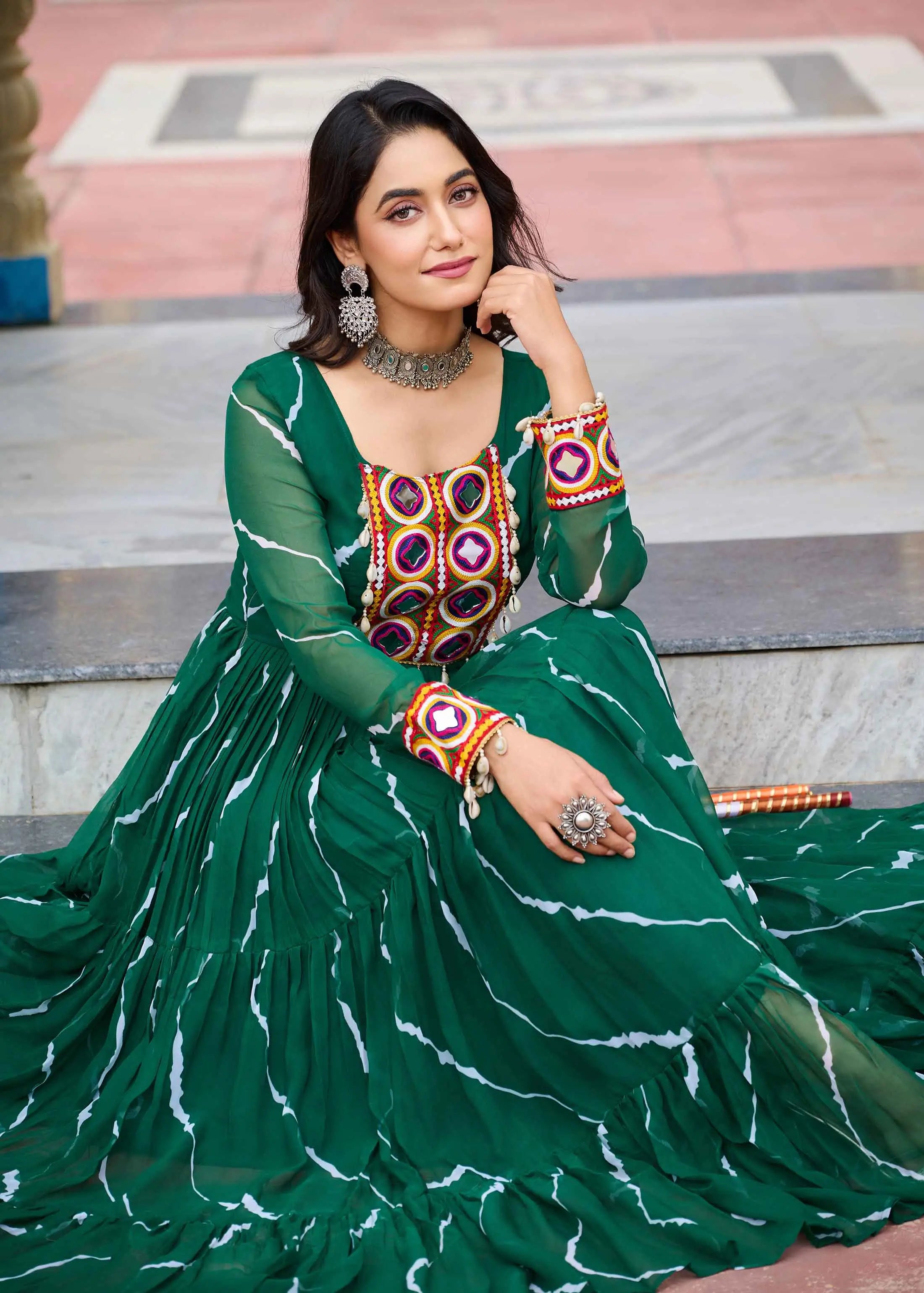 Dark Green Laheriya Print With Kutchi Patch Work Navratri Gown