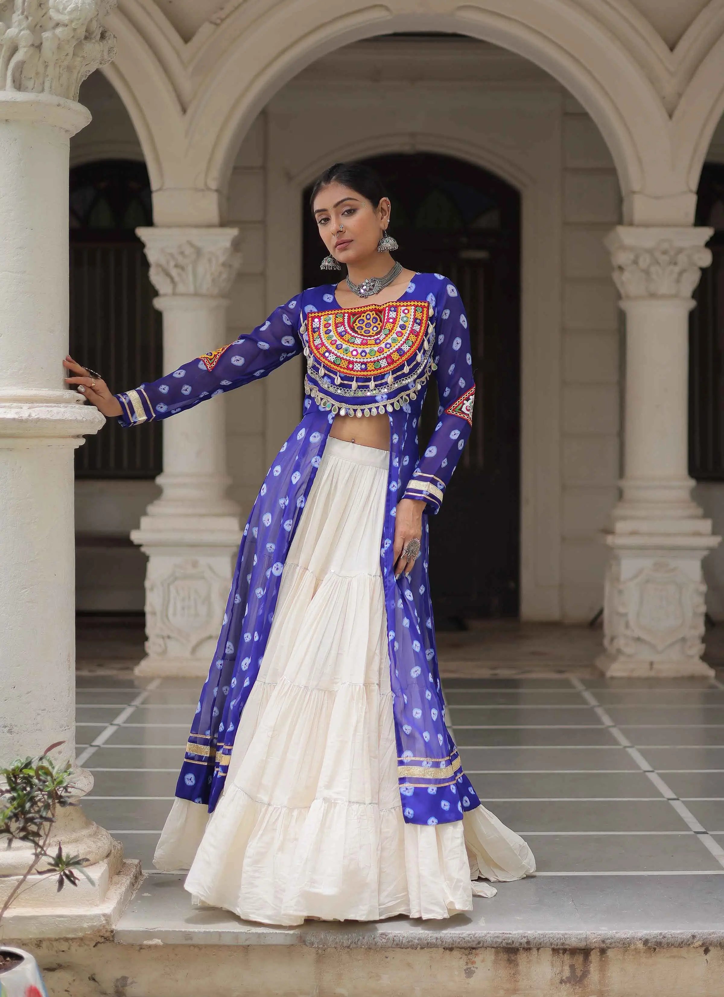 Blue Bandhani Print With Gamthi Patch Work Kurti With Lehenga For Navratri