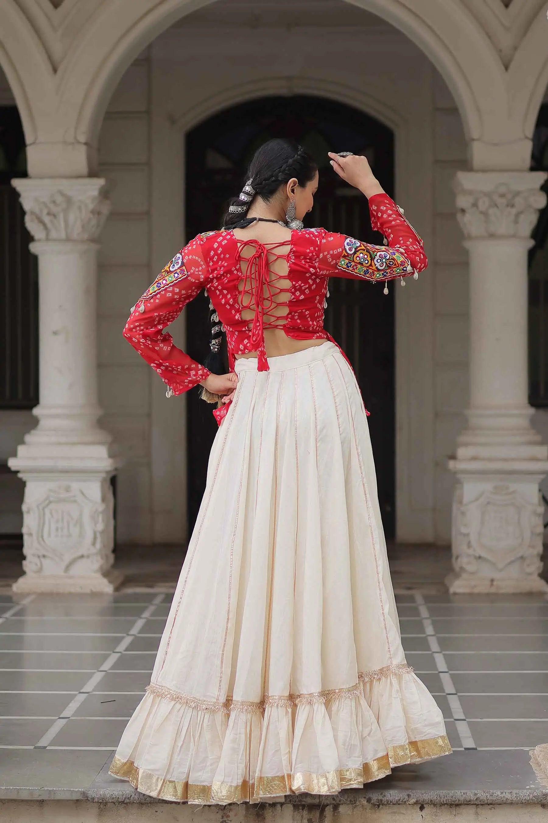Red Bandhani Print Gamthi Work Blouse With Lace Work Navratri Lehenga
