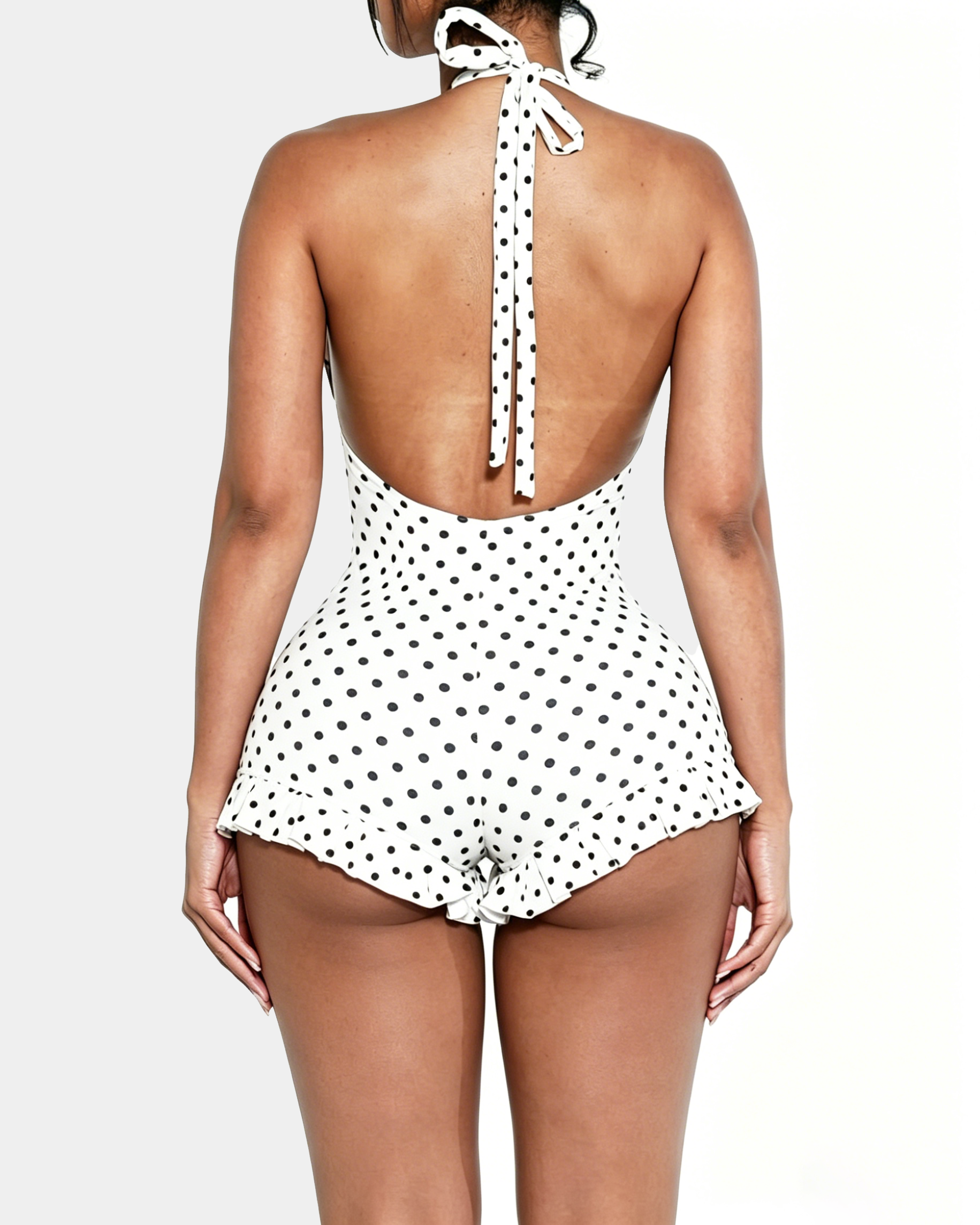Polka Dot Halter Neck Ruffle Hem Romper  - By Qivii
