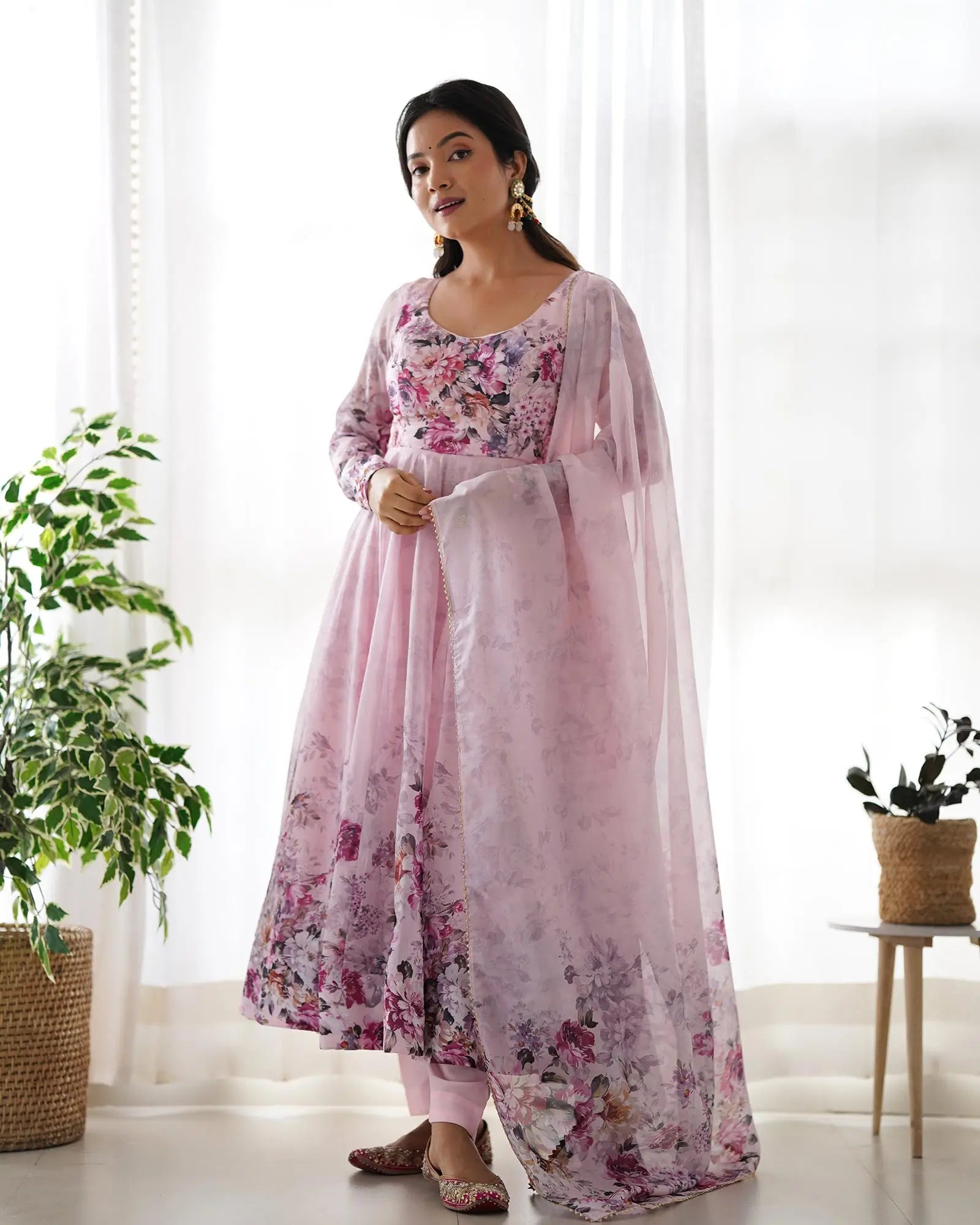 Light Peach Pink Floral Print Organza Gown