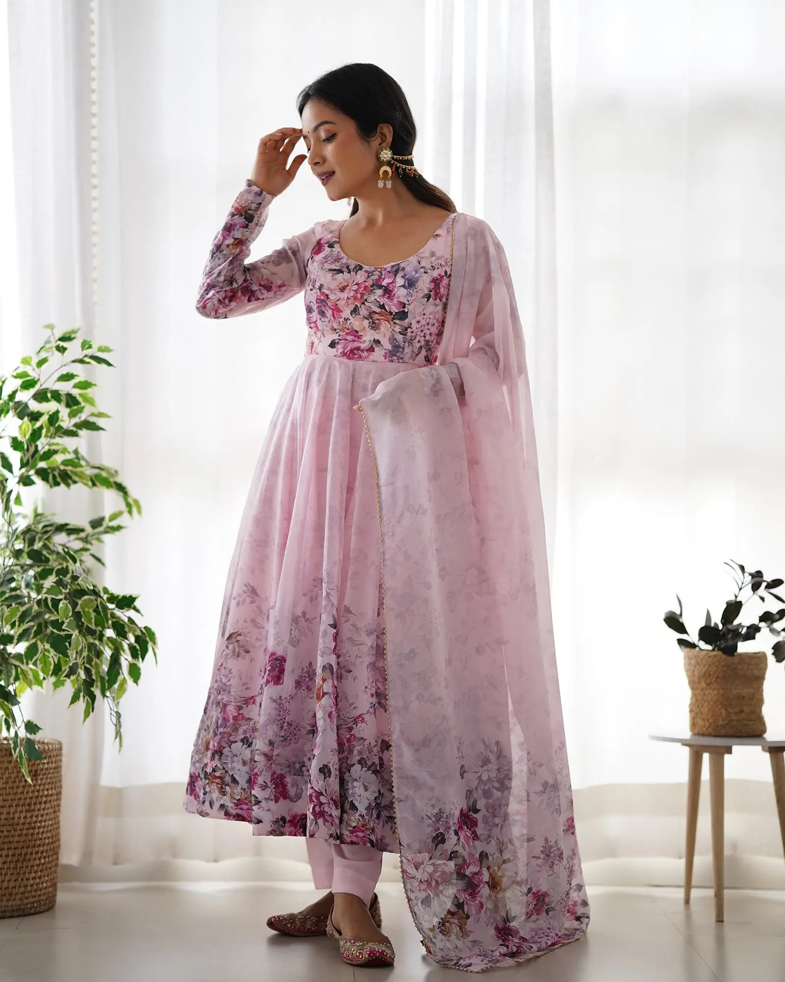 Light Peach Pink Floral Print Organza Gown