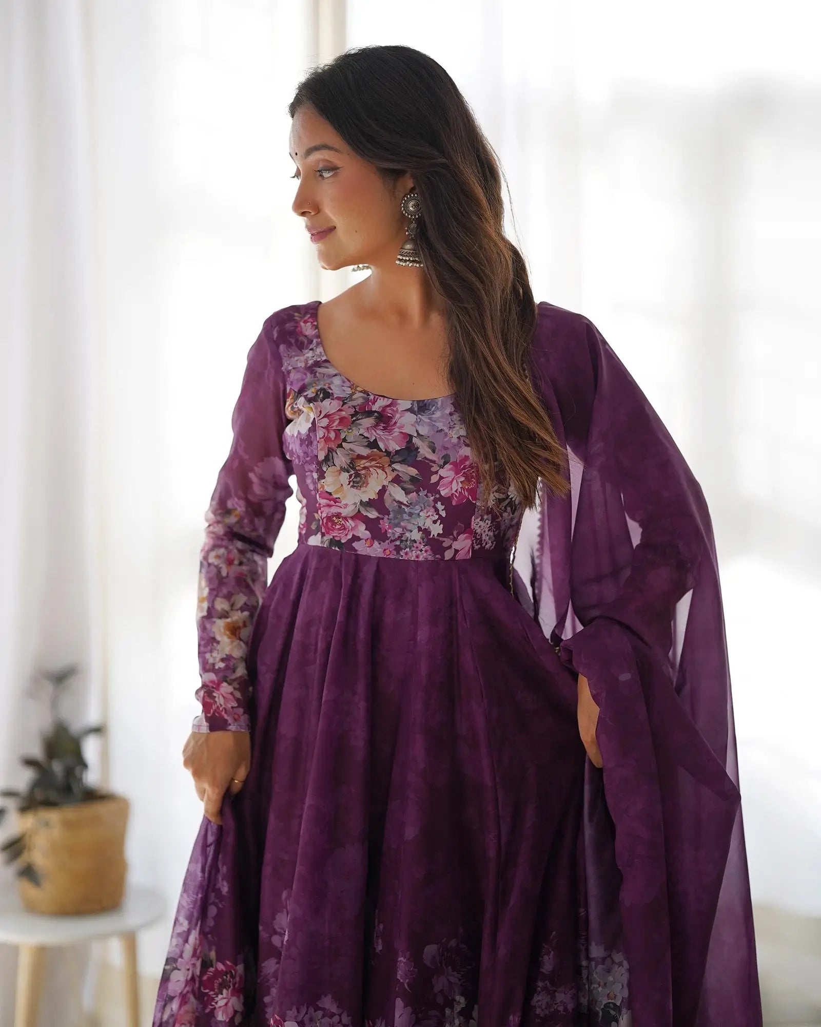 Wine Floral Print Organza Anarkali Gown With Dupatta