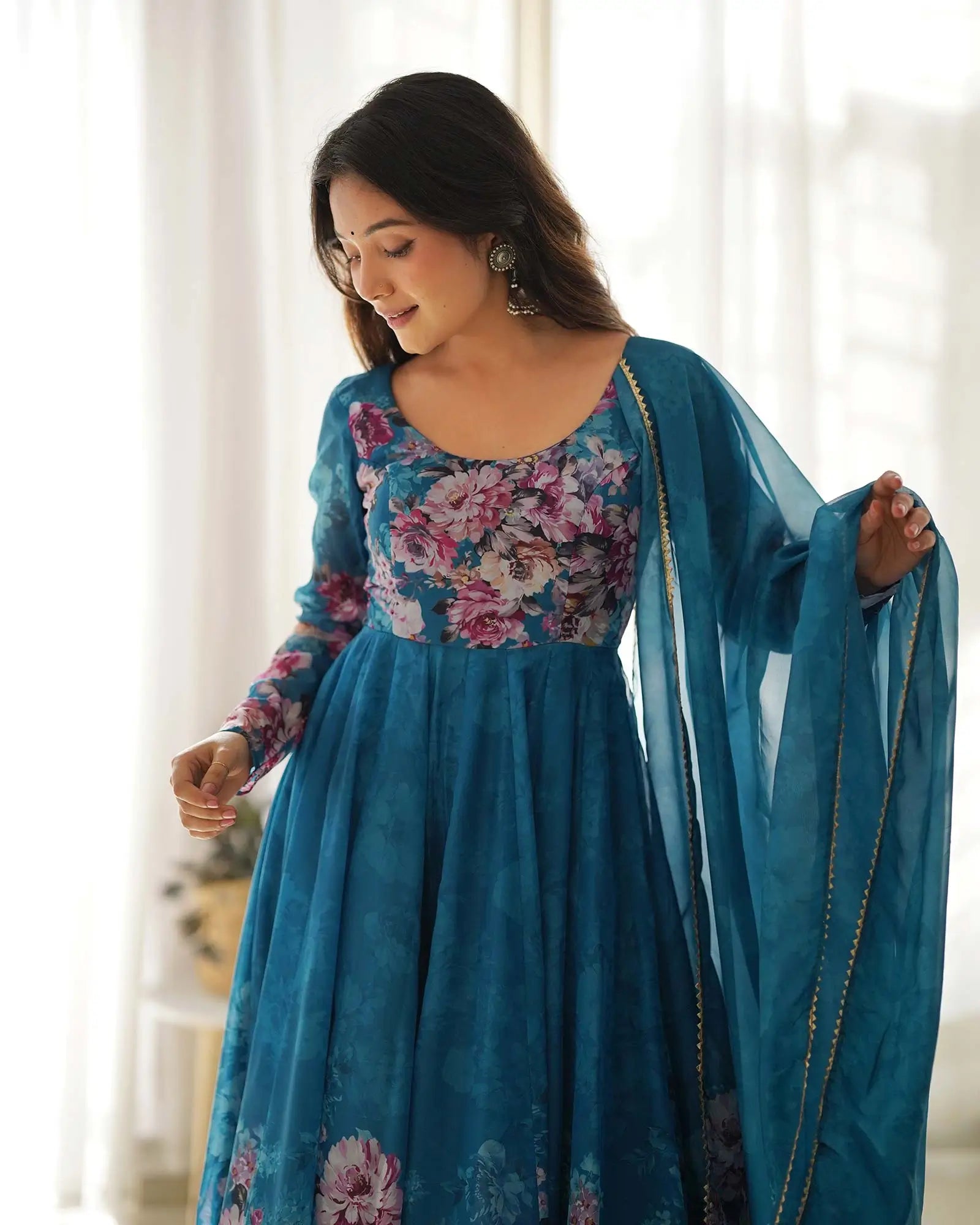 Rama Green Floral Print Organza Gown With Dupatta