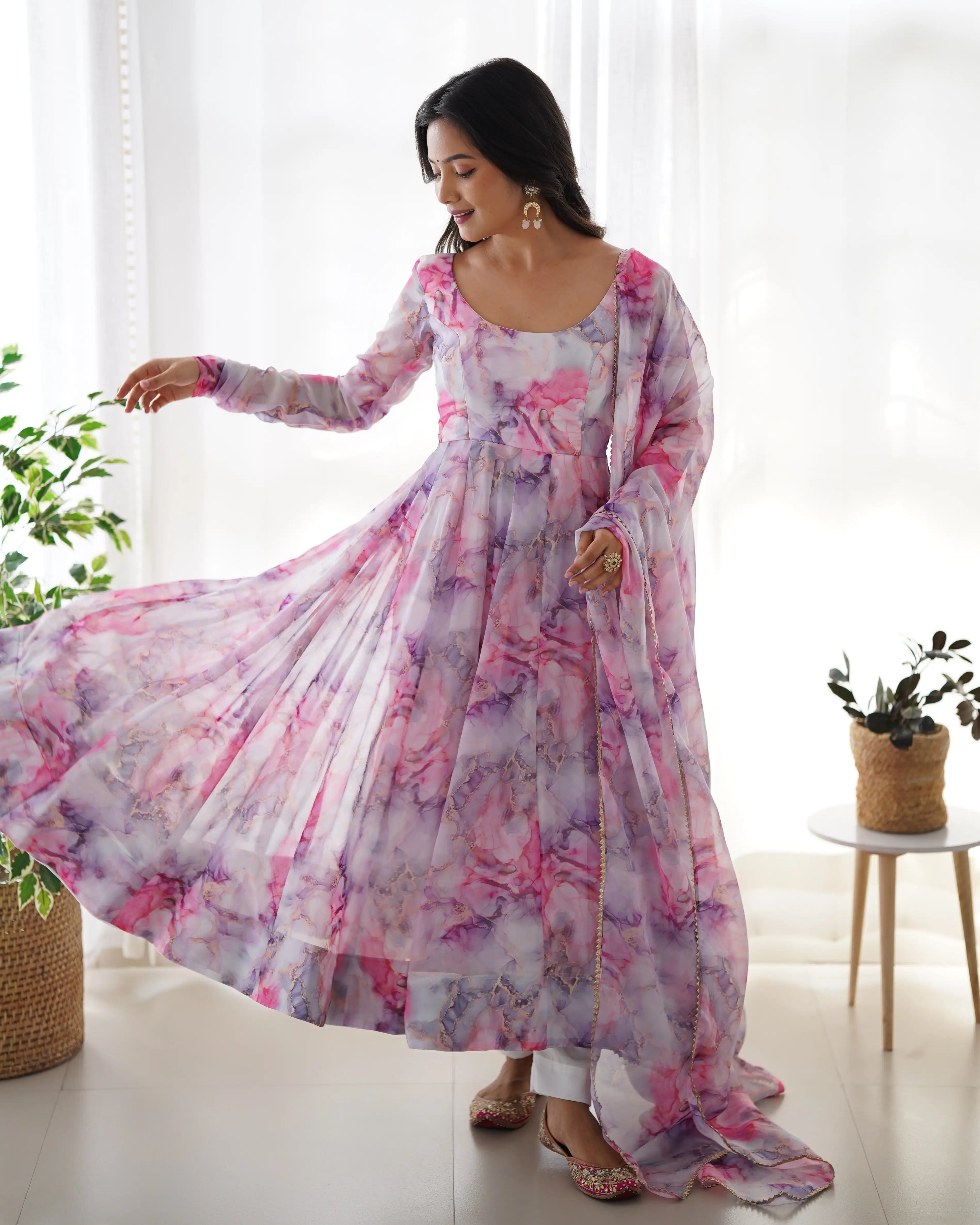 Off White Multi Color  Printed  Organza Anarkali Gown
