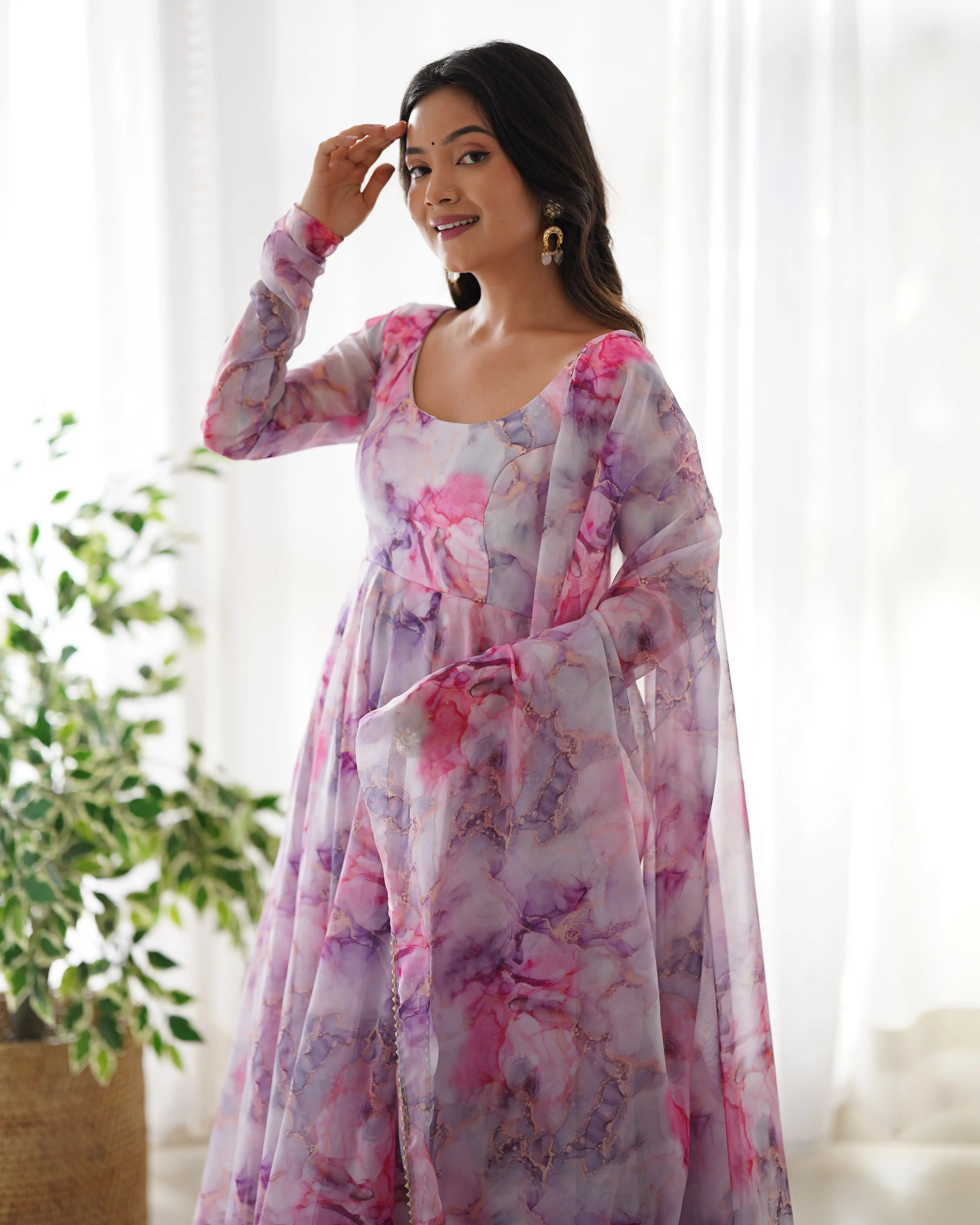 Off White Multi Color  Printed  Organza Anarkali Gown