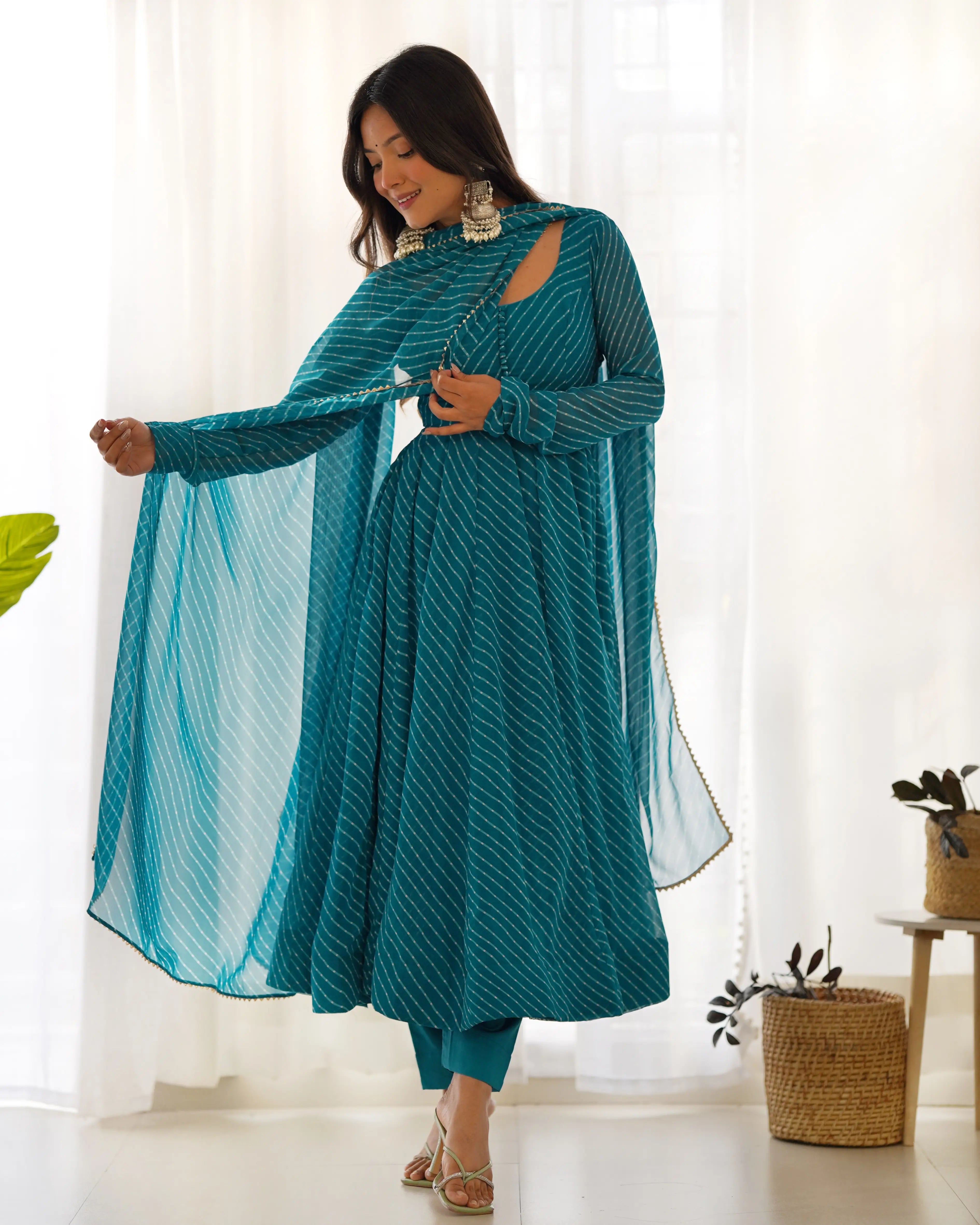 Bottle Green Laheriya Print Georgette Anarkali Gown With Dupatta