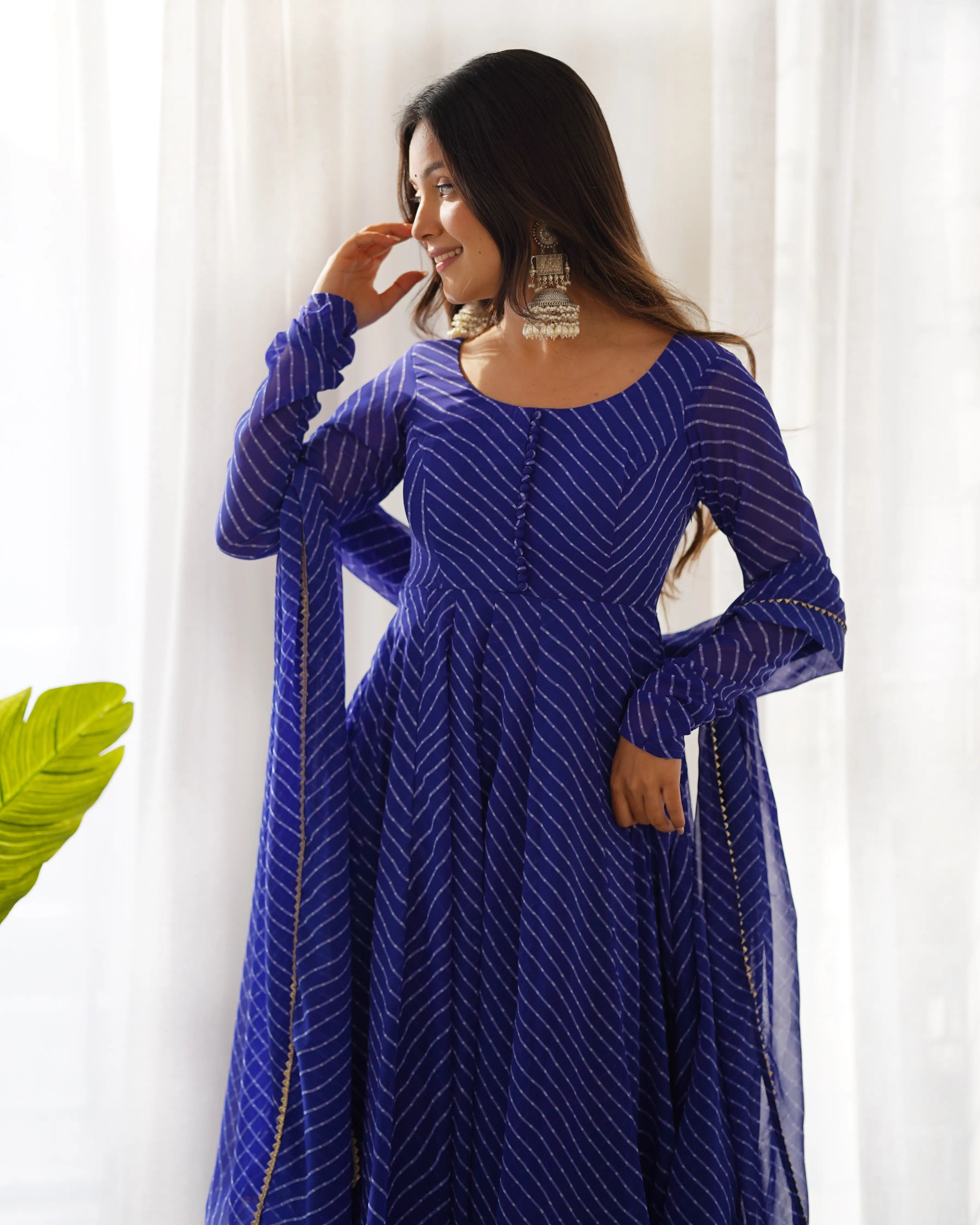 Royal Blue Laheriya Print Georgette Anarkali Gown With Dupatta
