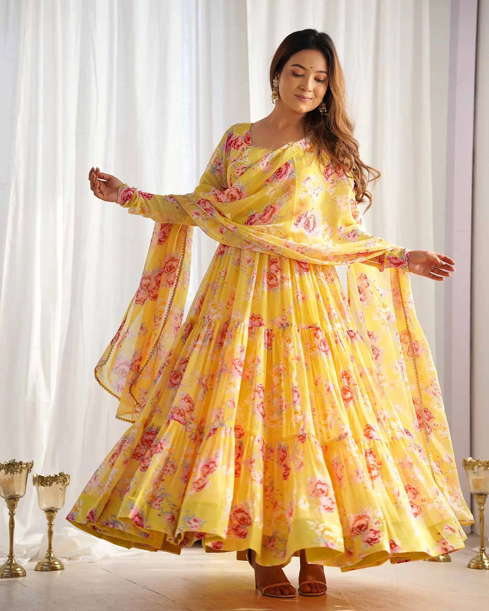 Yellow Georgette Floral Print Gown With Dupatta