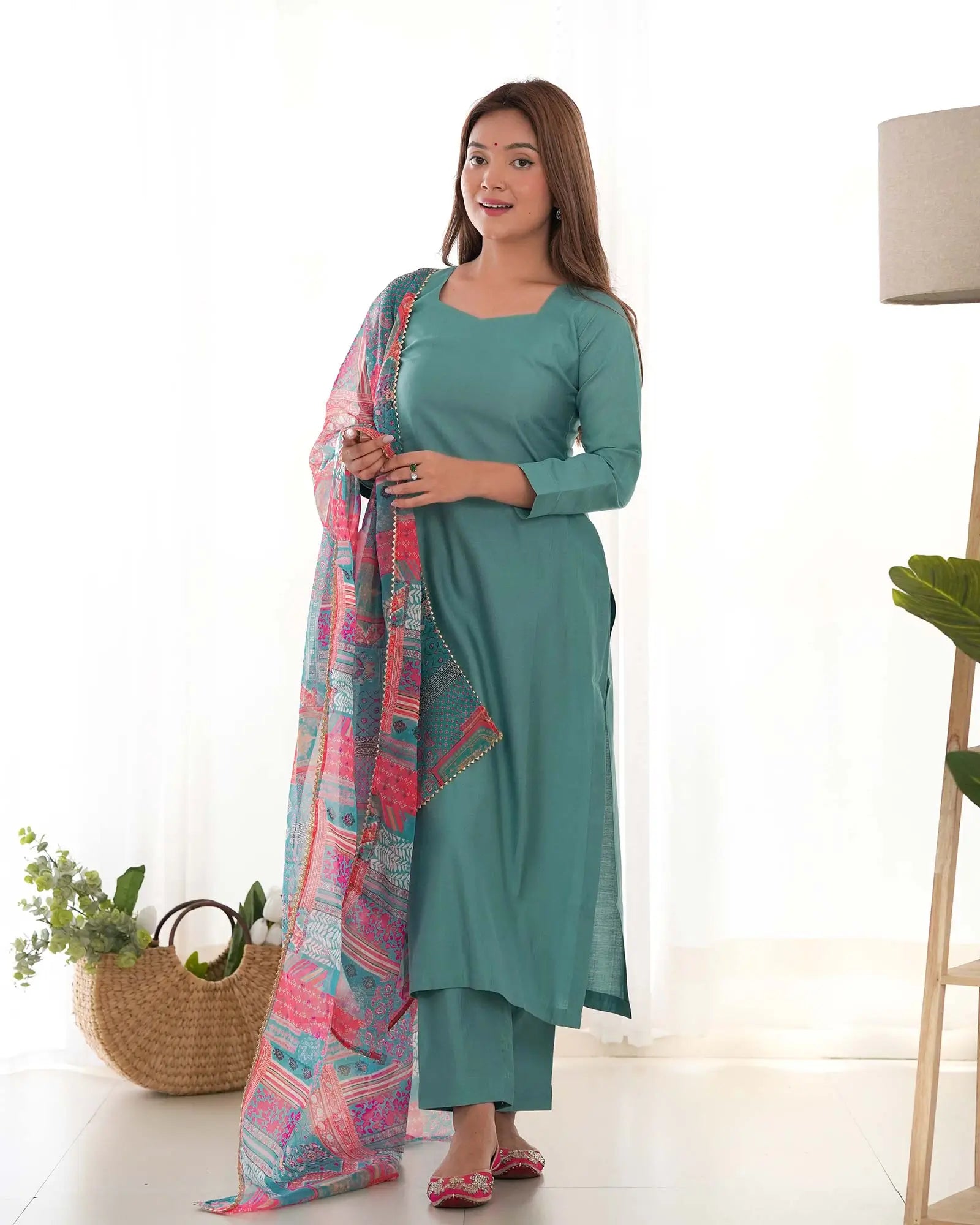 Beetle Blue Viscose Straight Salwar Suit With Multi Floral Print Dupatta - qivii