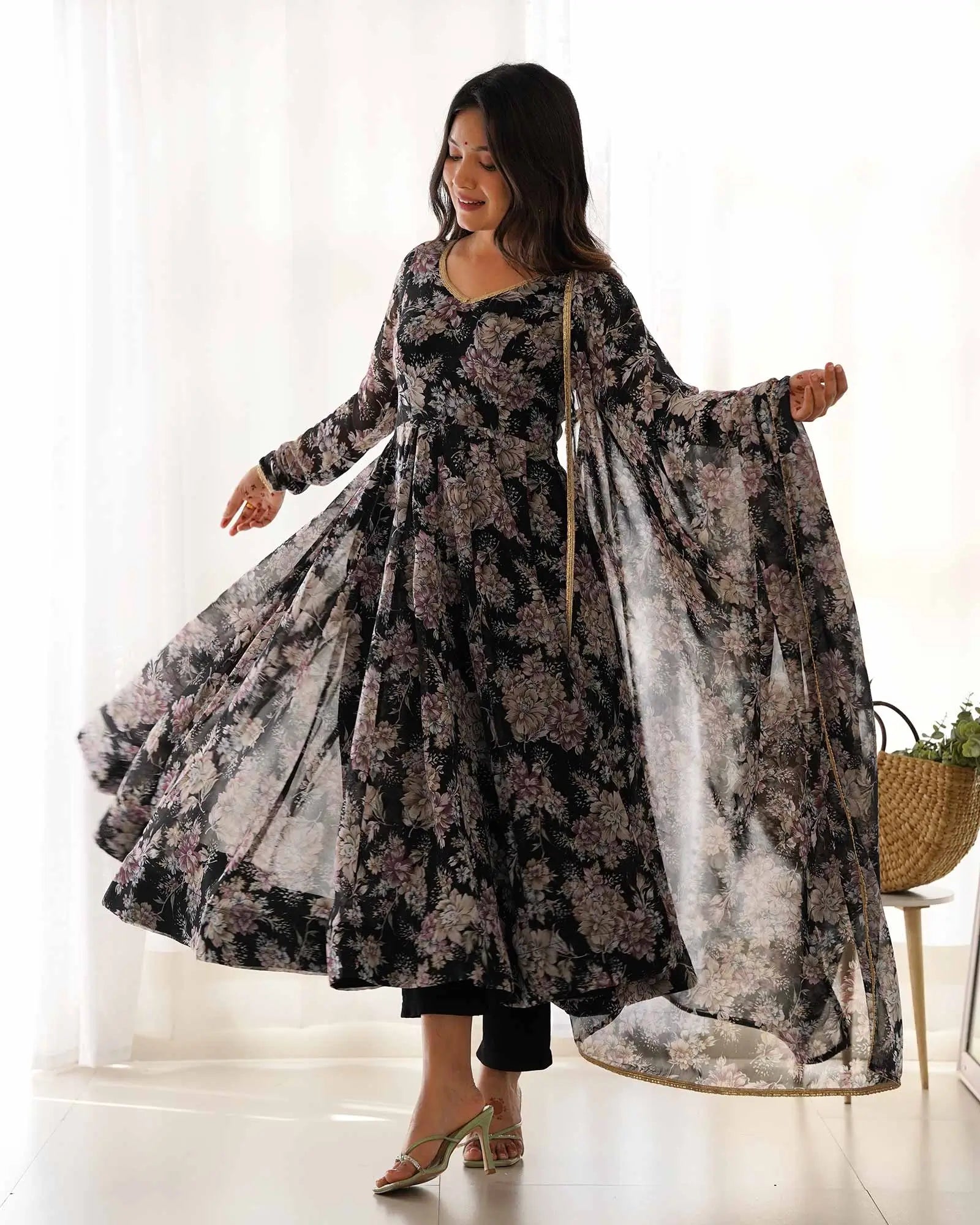 Grey Black Georgette Multi Floral Print Anarkali Gown With Dupatta