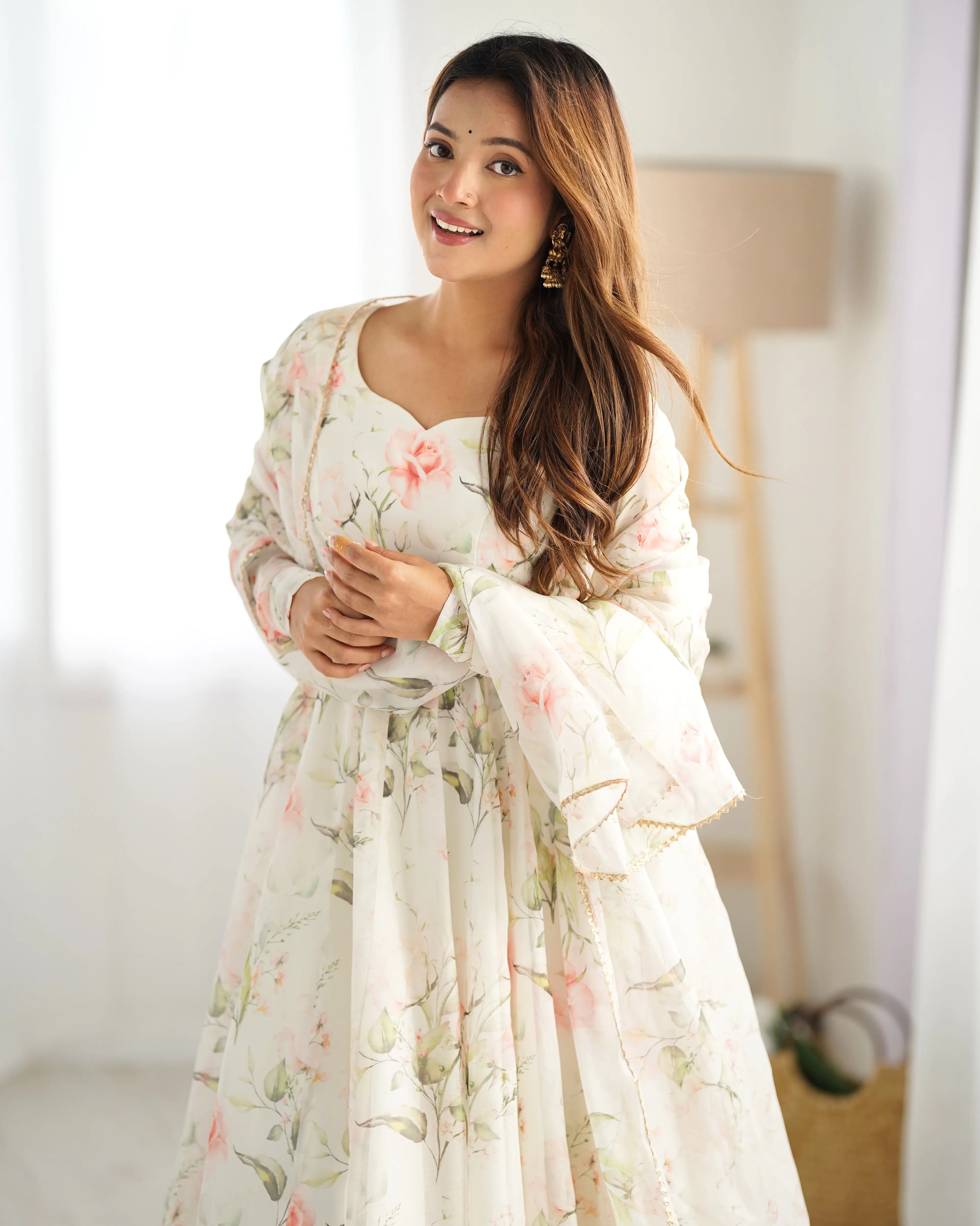 Off White Floral Print Organza Gown For Summer