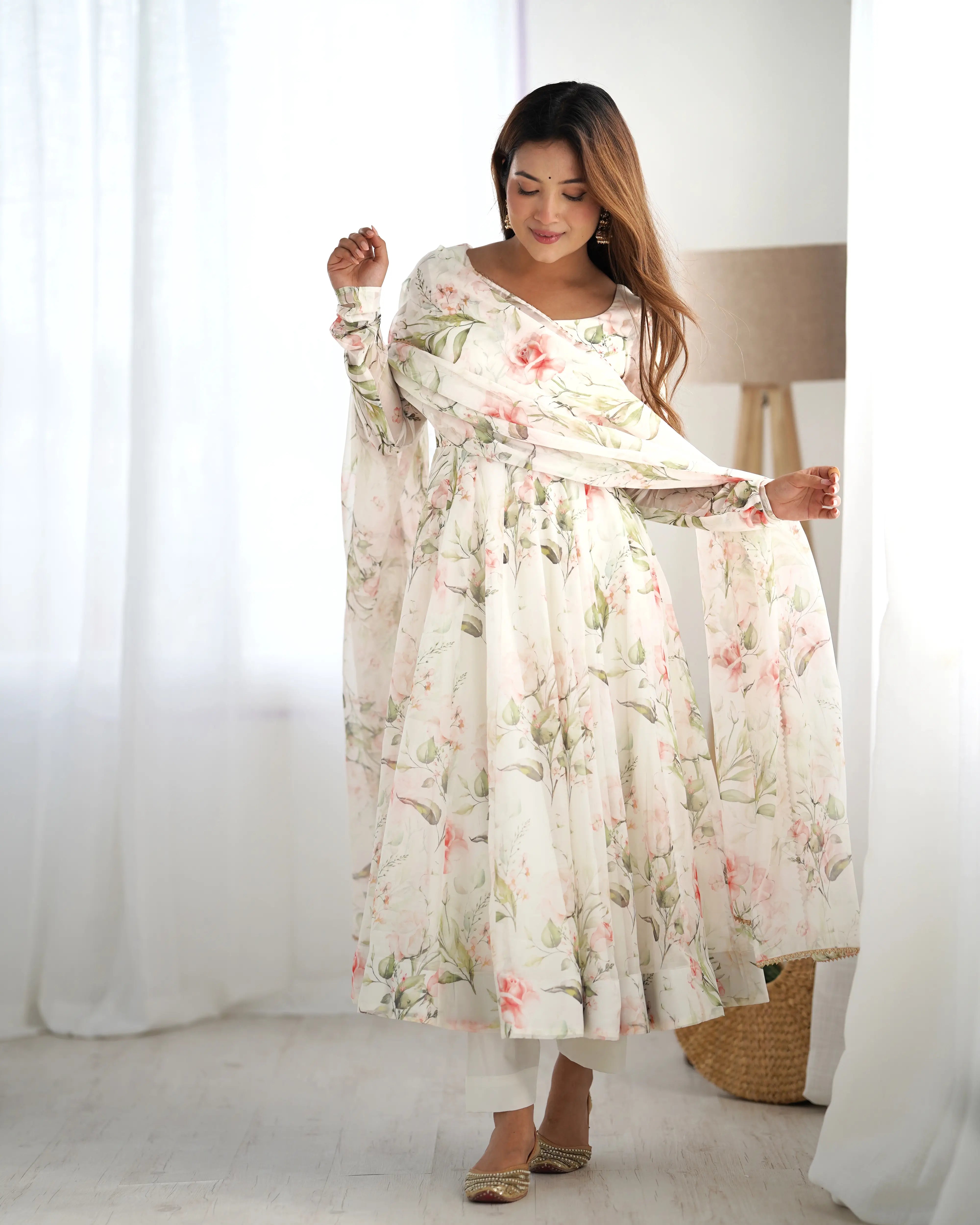 Off White Floral Print Organza Gown For Summer