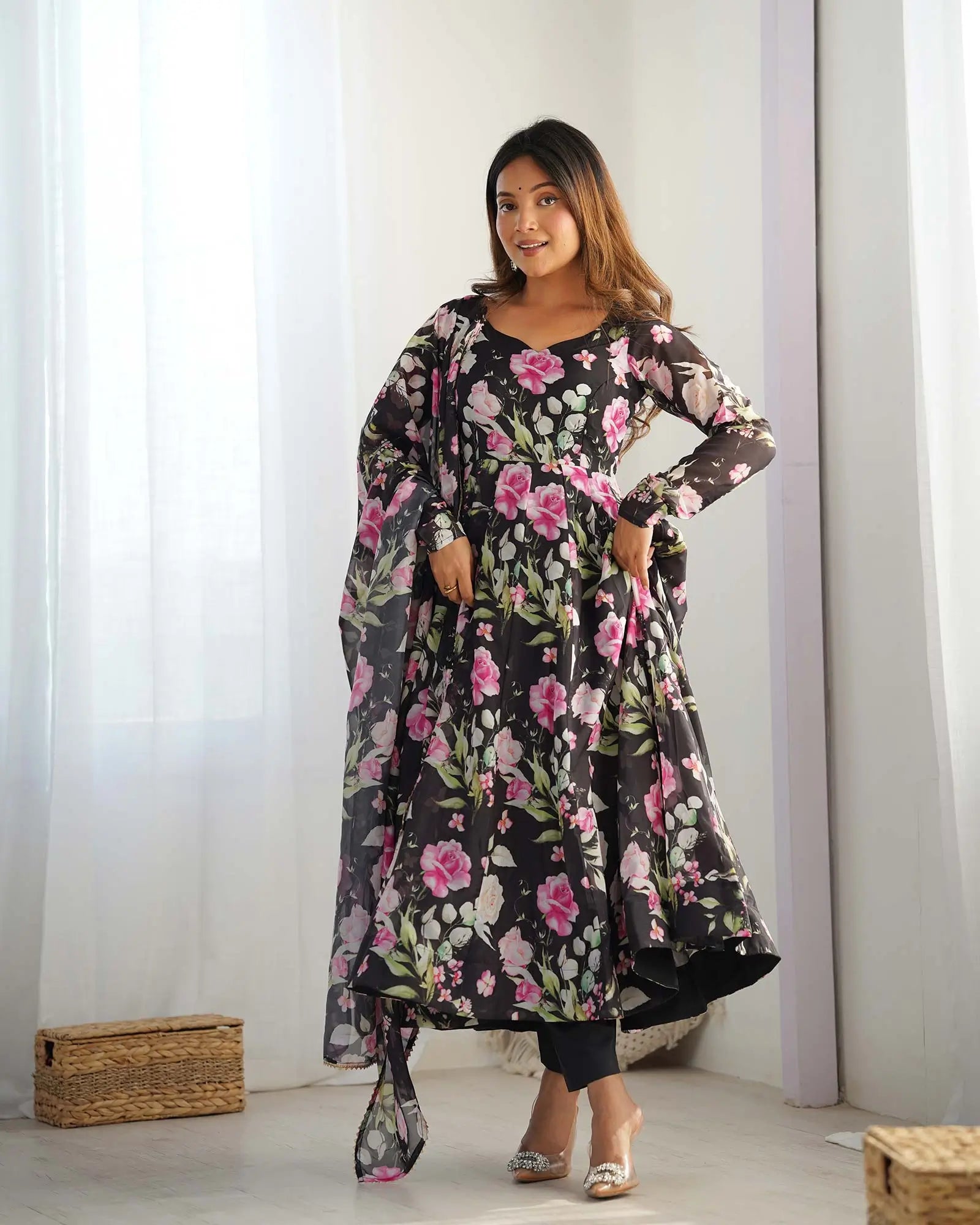Black Floral Print Organza Gown For Summer