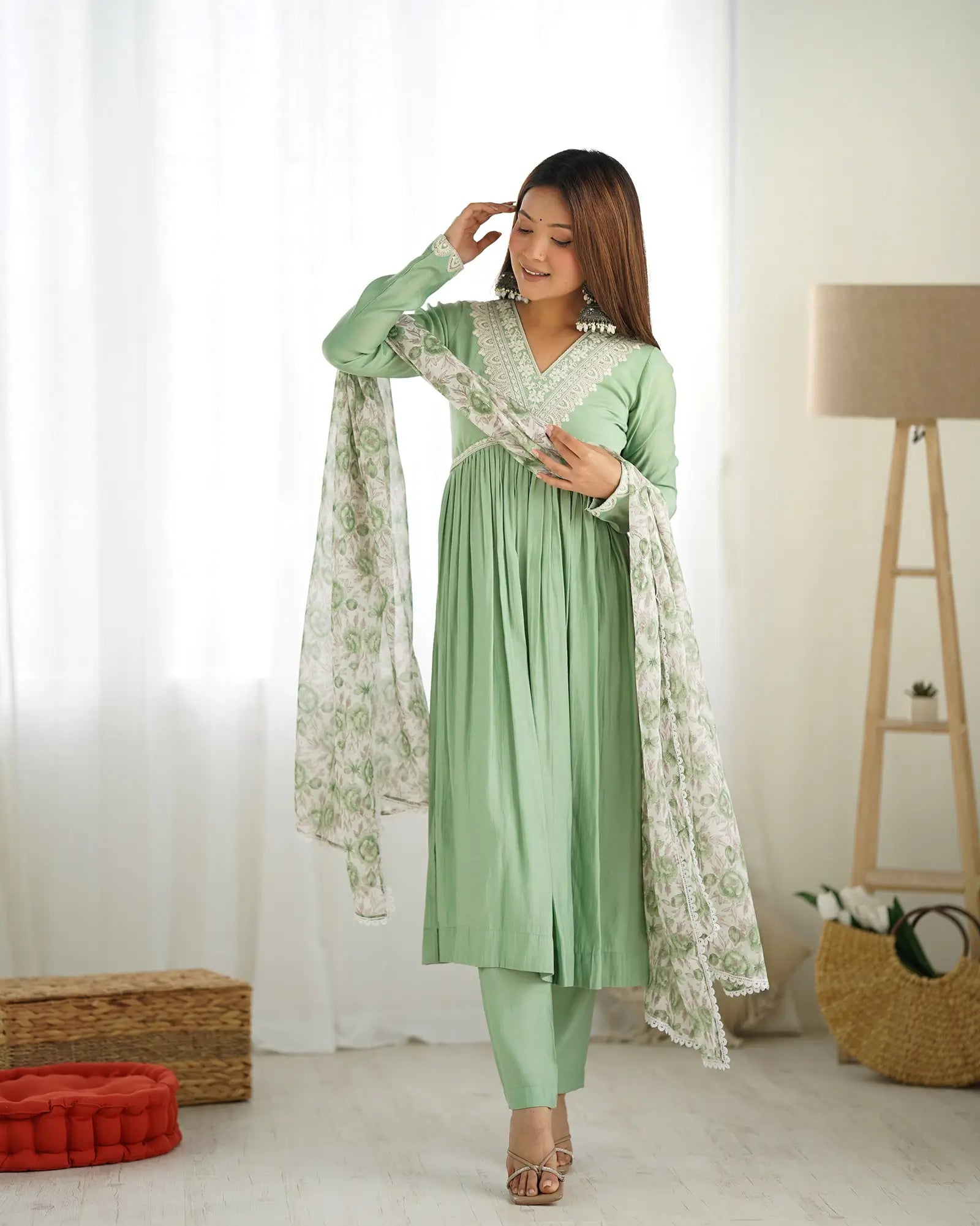 Pista Green Silk Nyra Cut Salwar Suit With Sequins Dori Thread Embroidery Work - qivii