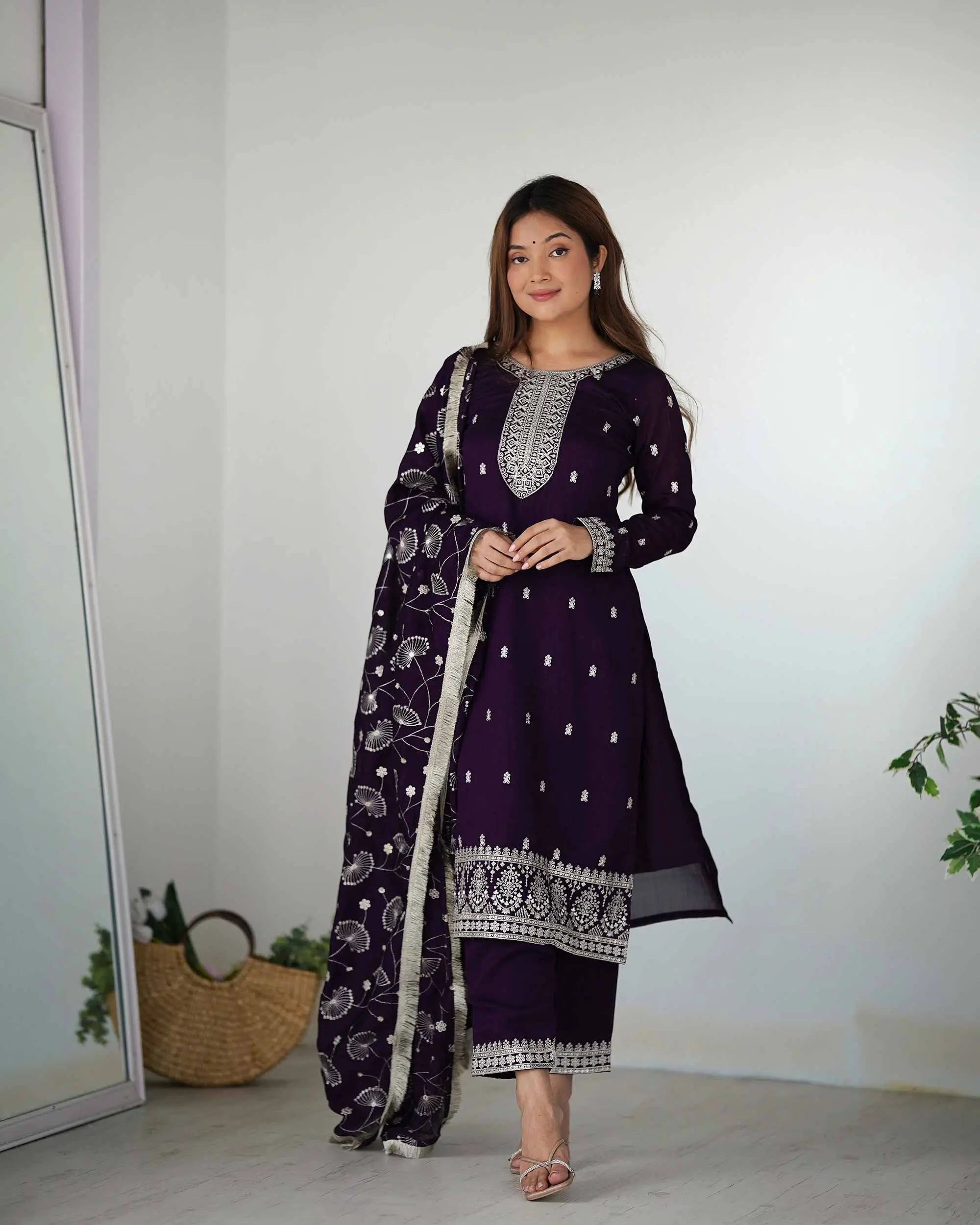 Dark Wine Rangoli Silk Salwar Suit With Sequins Embroidery Work With Heavy Dupatta - qivii