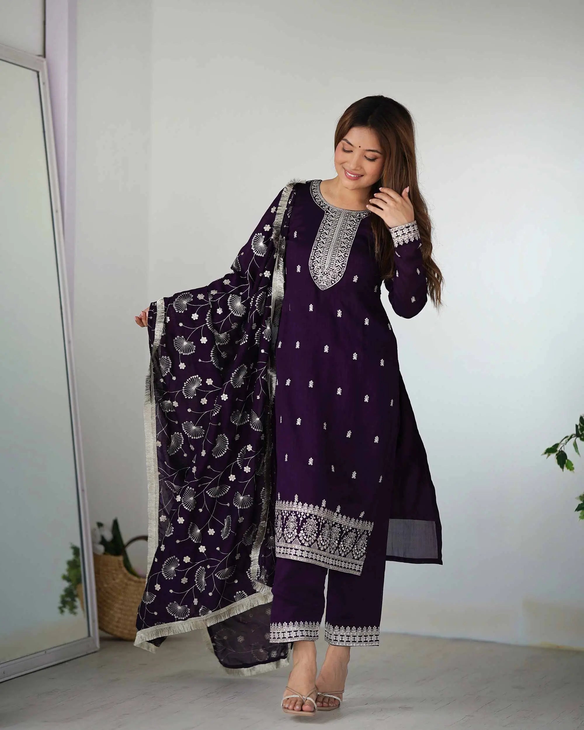 Dark Wine Rangoli Silk Salwar Suit With Sequins Embroidery Work With Heavy Dupatta - qivii