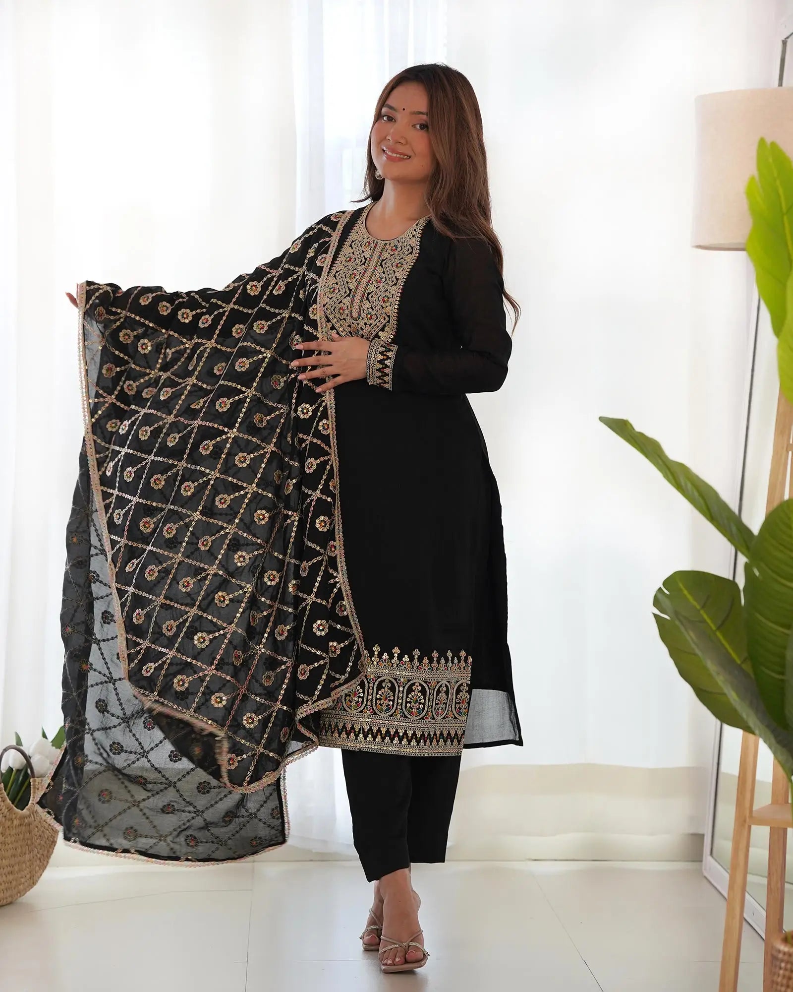 Black Silk Salwar Suit With Dori Sequins Embroidery Work With Heavy Dupatta - qivii