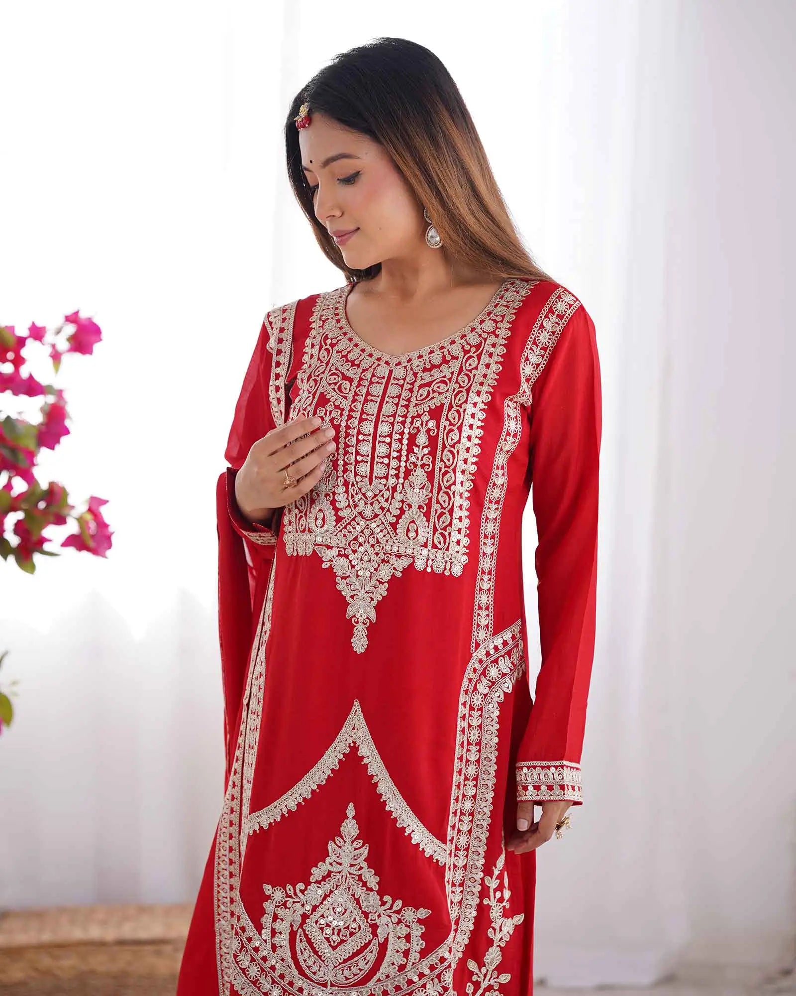 Milano Red Vichitra Silk Salwar Suit With Sequins Embroidery Work With Dupatta - qivii
