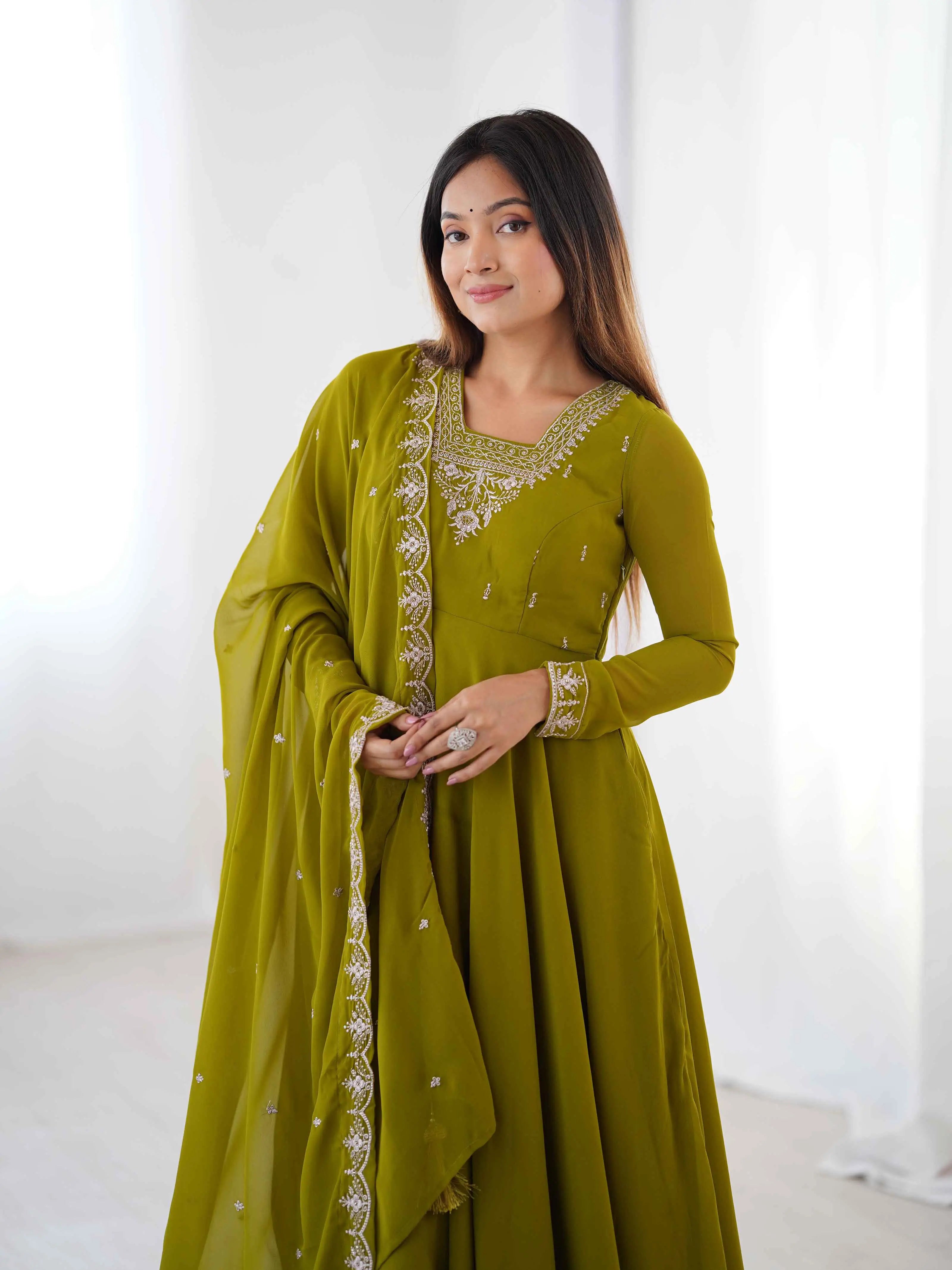 Mehndi Green Designer Embroidery Beads And Zari Work Gown With Dupatta - qivii