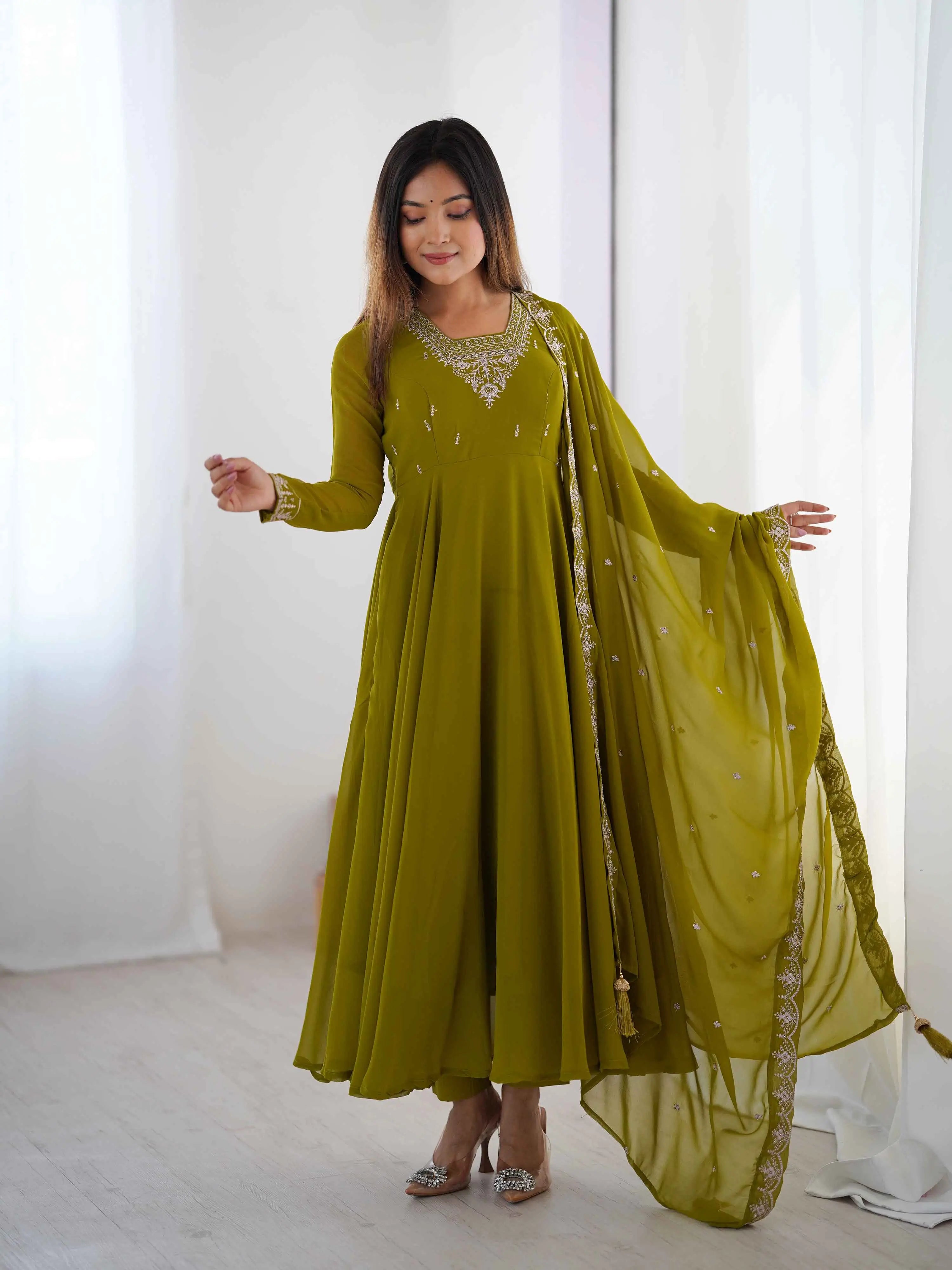 Mehndi Green Designer Embroidery Beads And Zari Work Gown With Dupatta - qivii