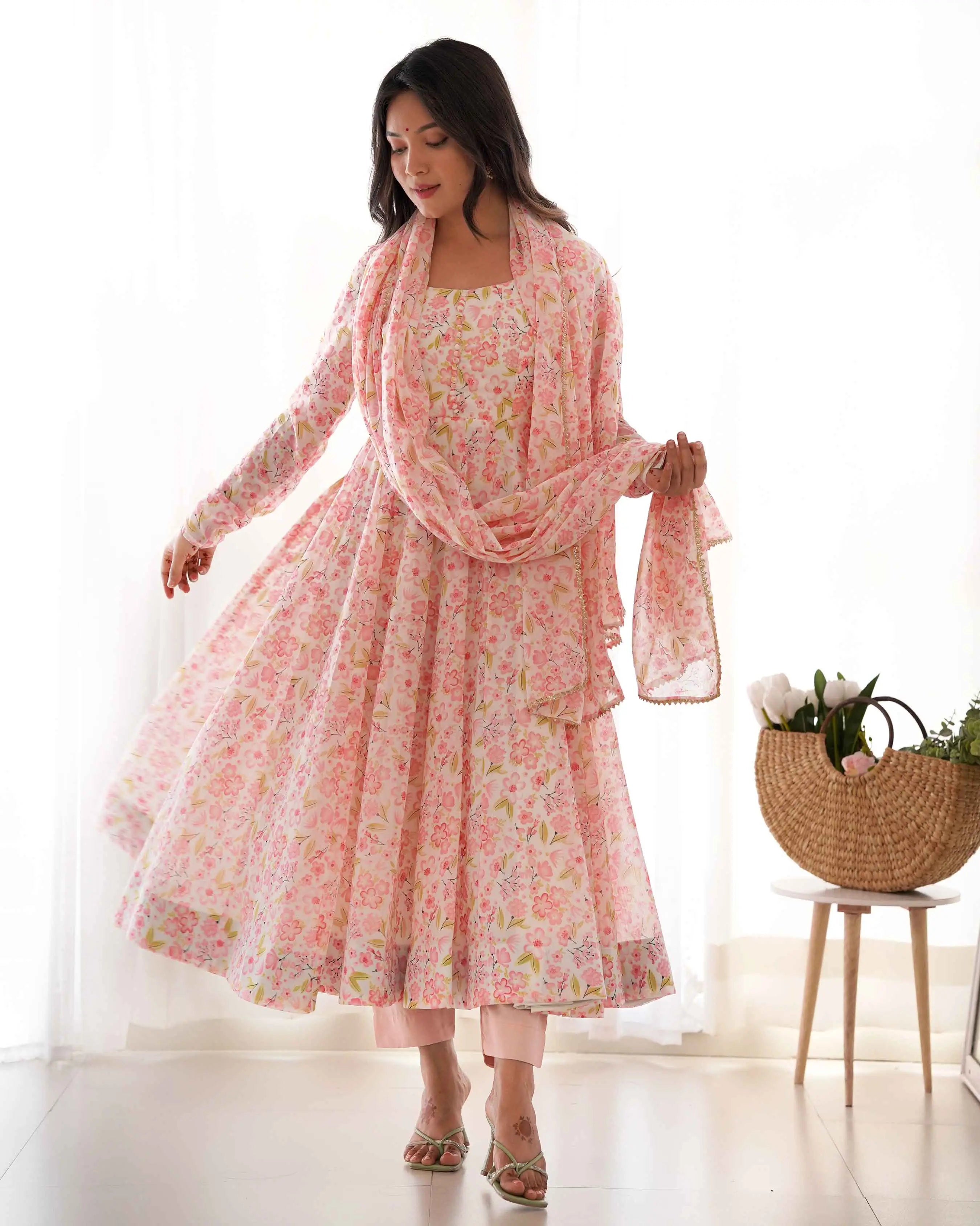 Peach Chiffon Anarkali Gown With Floral Print With Dupatta - qivii