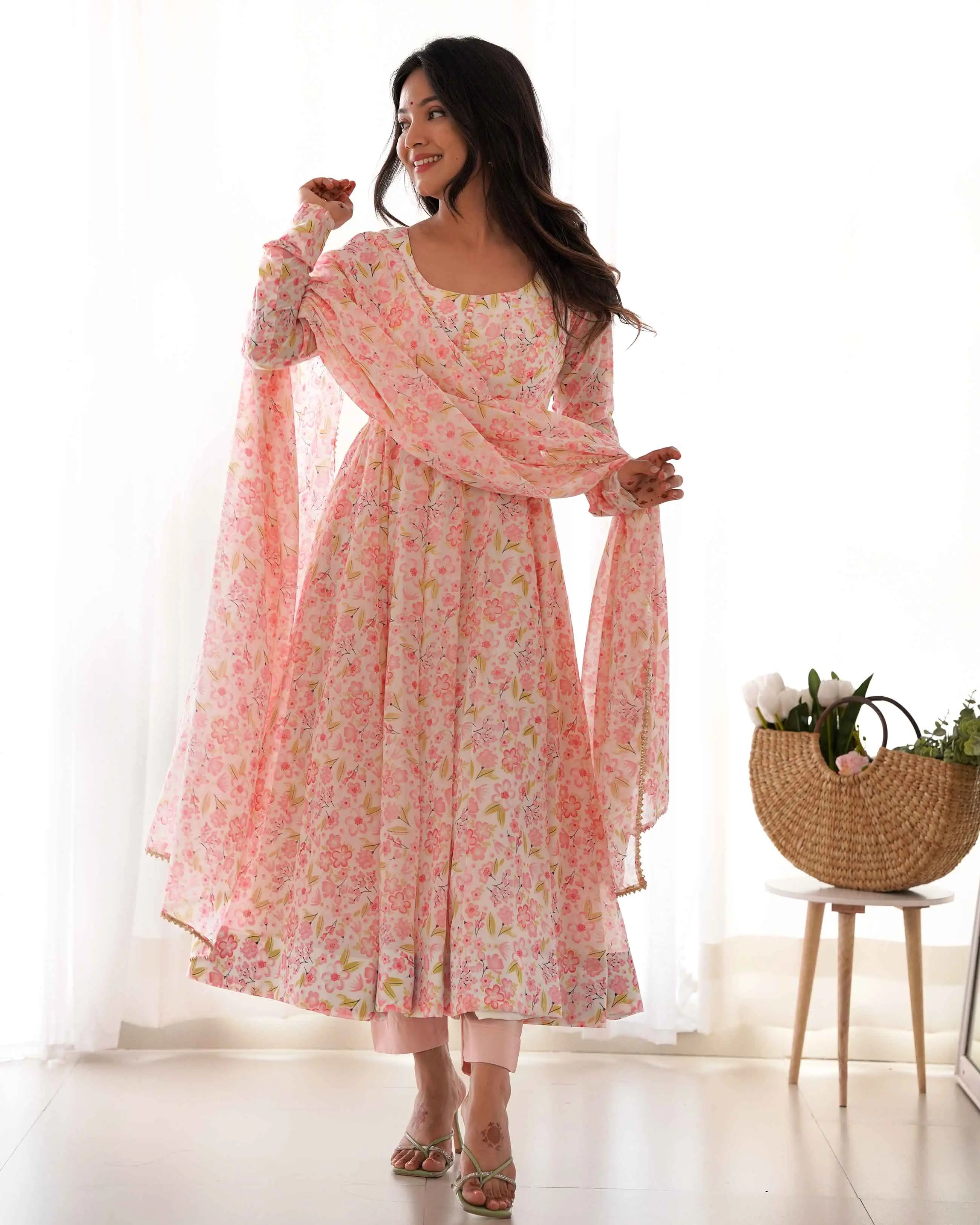 Peach Chiffon Anarkali Gown With Floral Print With Dupatta - qivii