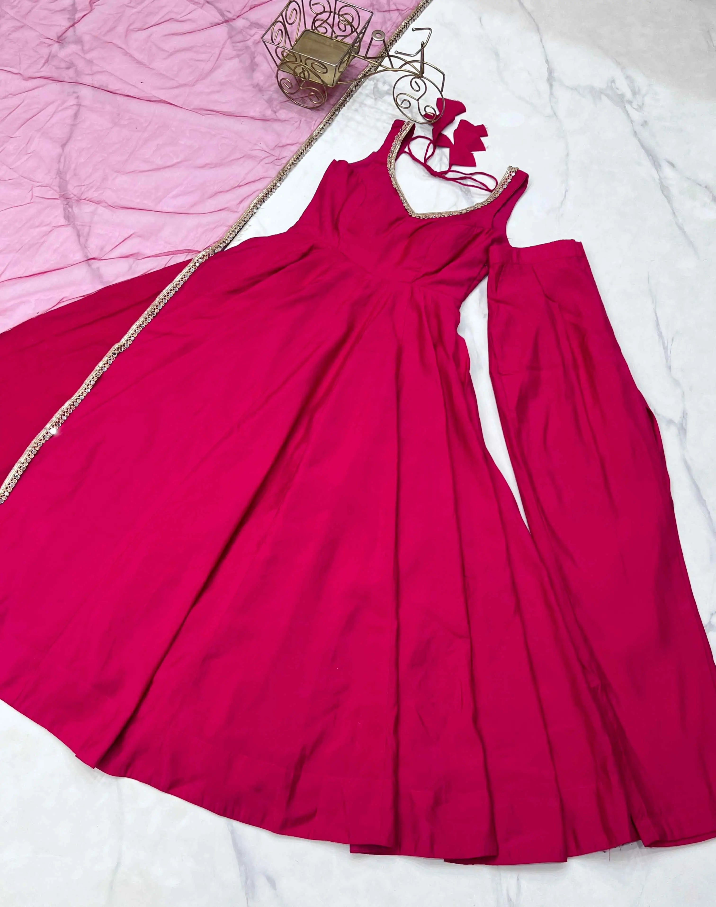 Rani Pink Roman Silk Plain Gown With Mirror Work And Net Dupatta - qivii