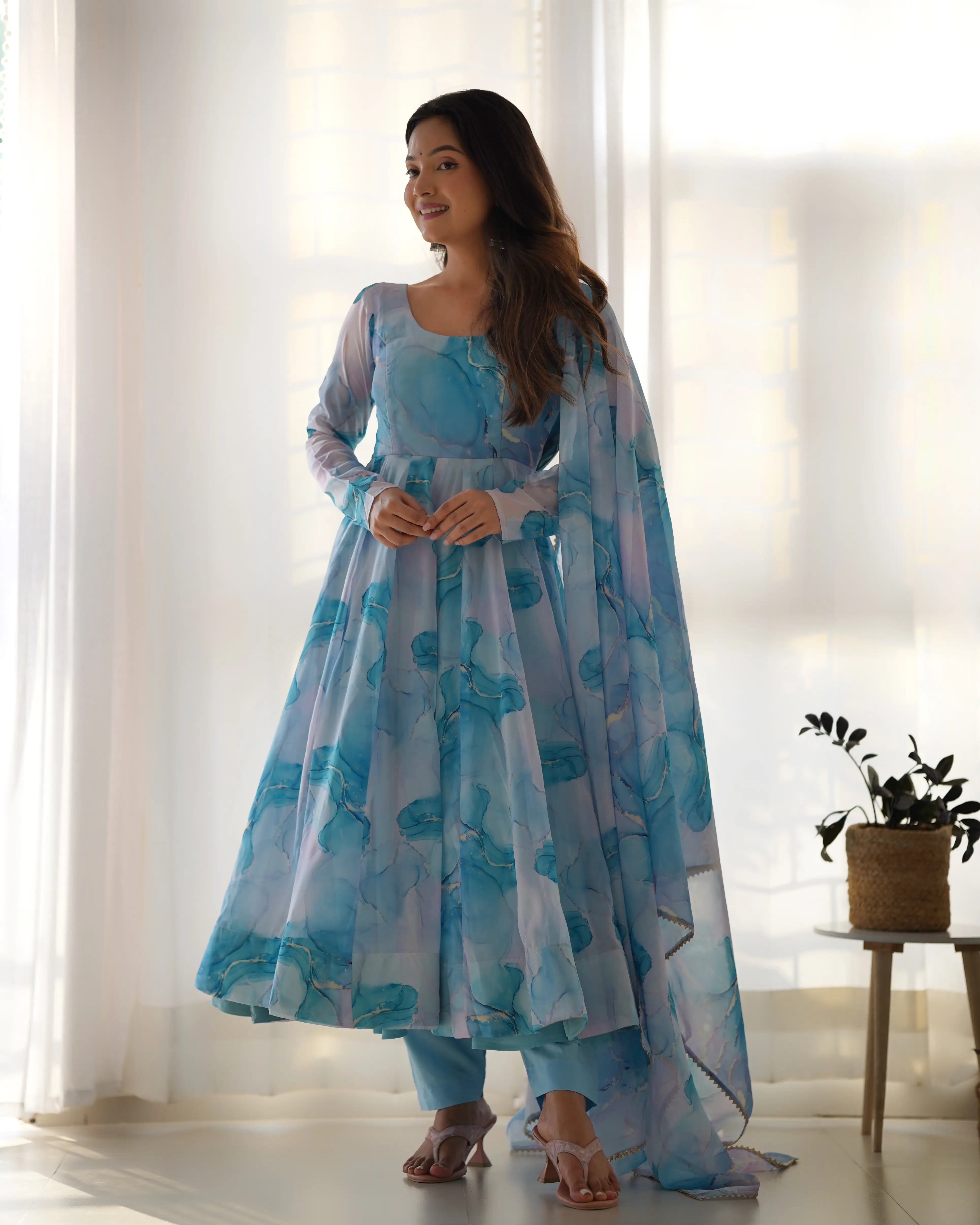 Sky Blue Organza Silk With Marble Print Anarkali Gown And Dupatta - qivii