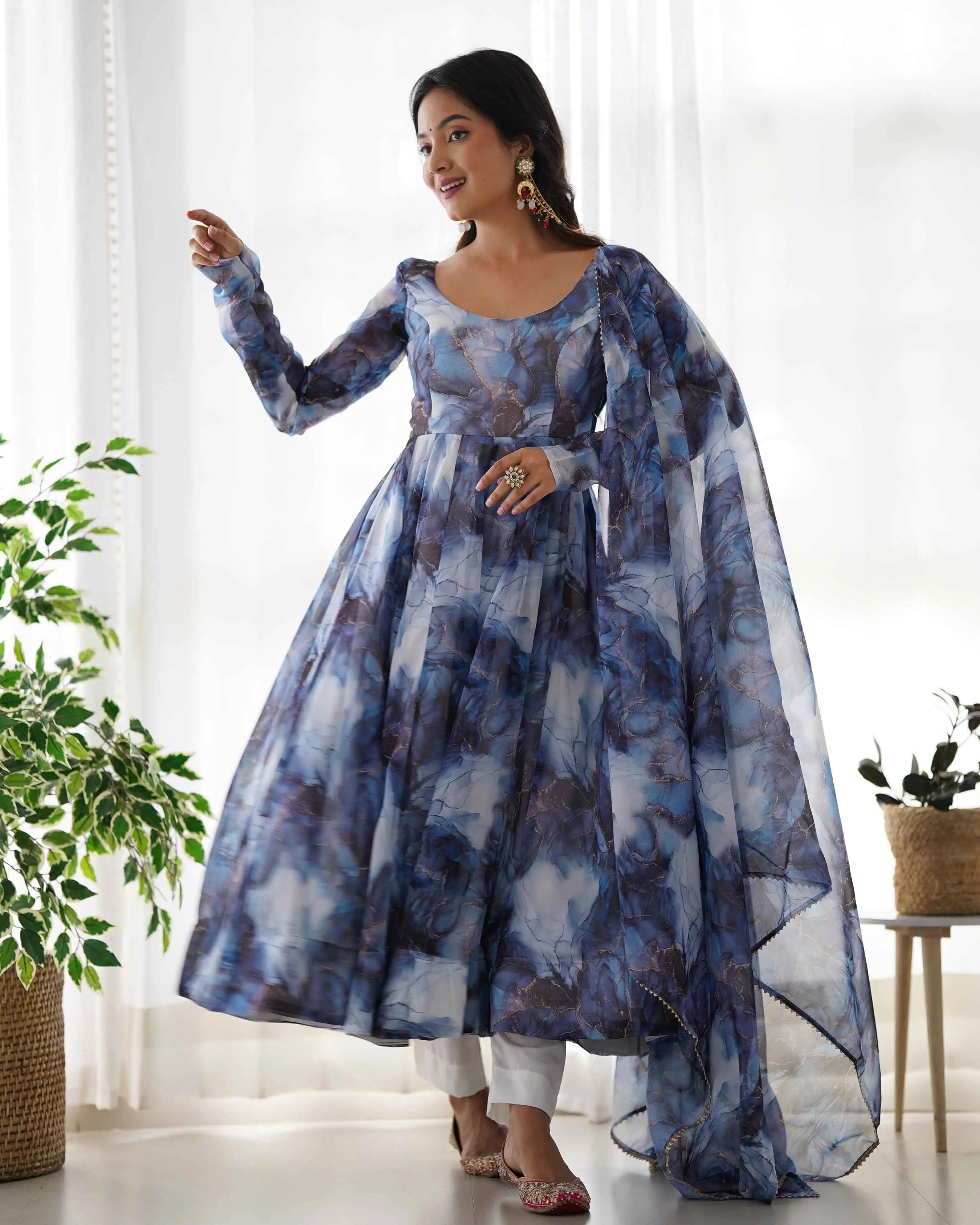 Navy Blue Organza Silk With Marble Print Anarkali Gown And Dupatta - qivii