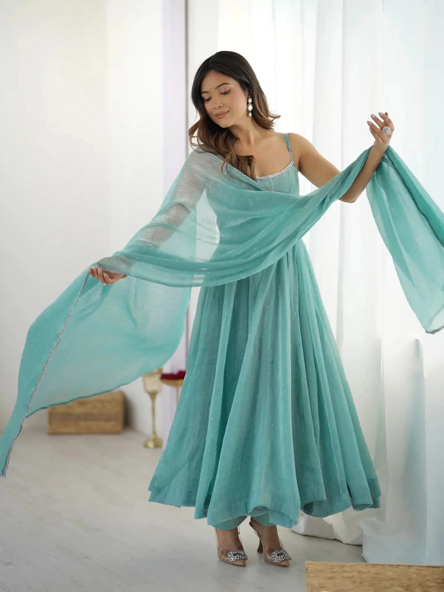Sky Blue Crunchy Silk With Siroski Work Anarkali Gown And Dupatta - qivii
