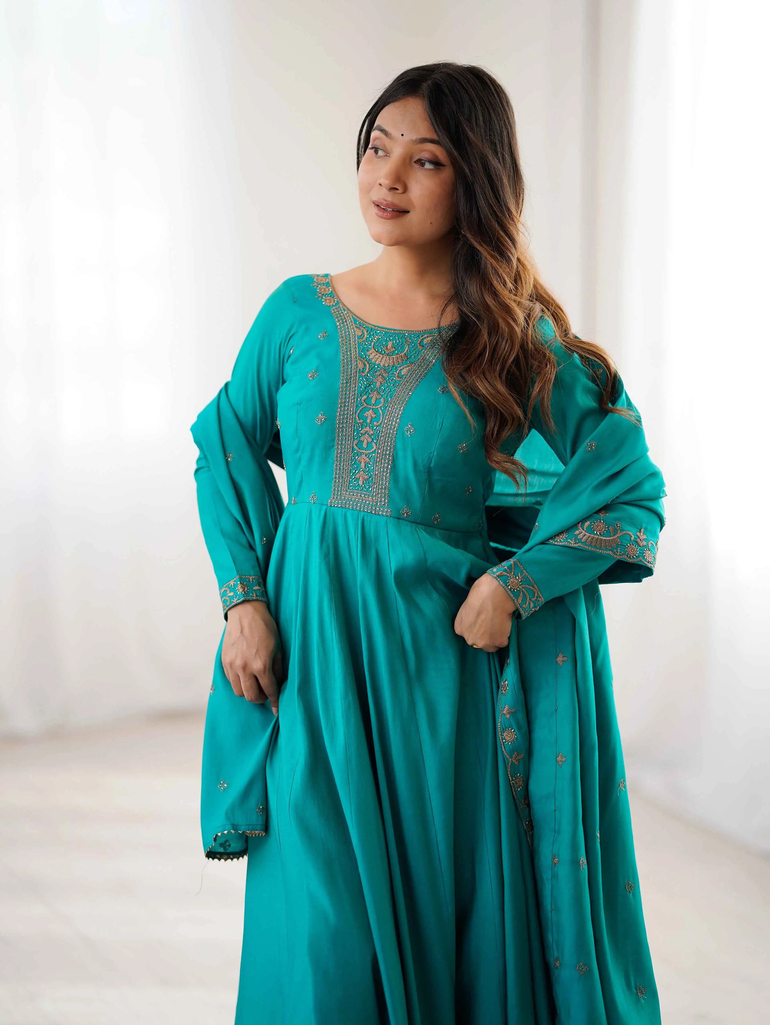 Dark Cyan Silk Gown With Beads Hand Work