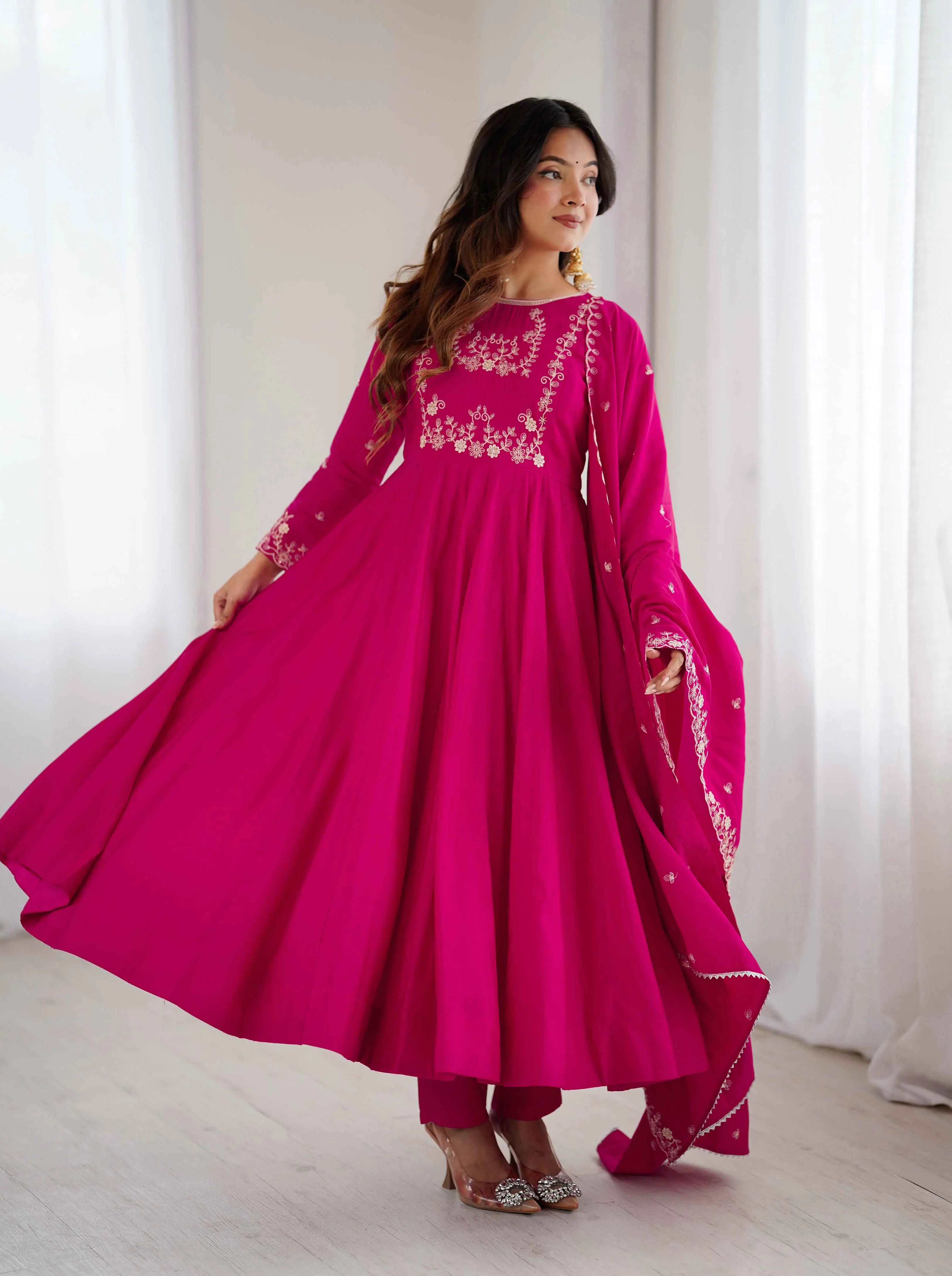 Rani Pink Silk Gown With Beads Hand Work