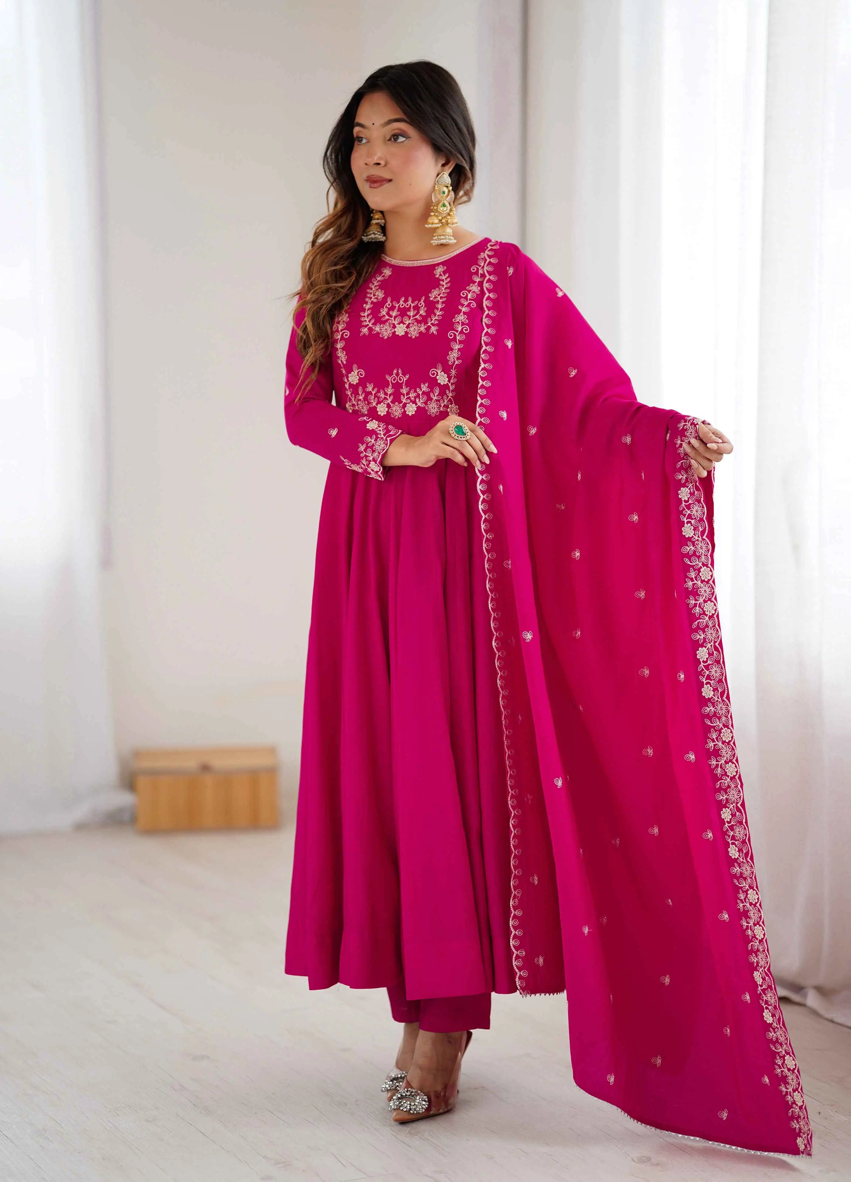 Rani Pink Silk Gown With Beads Hand Work