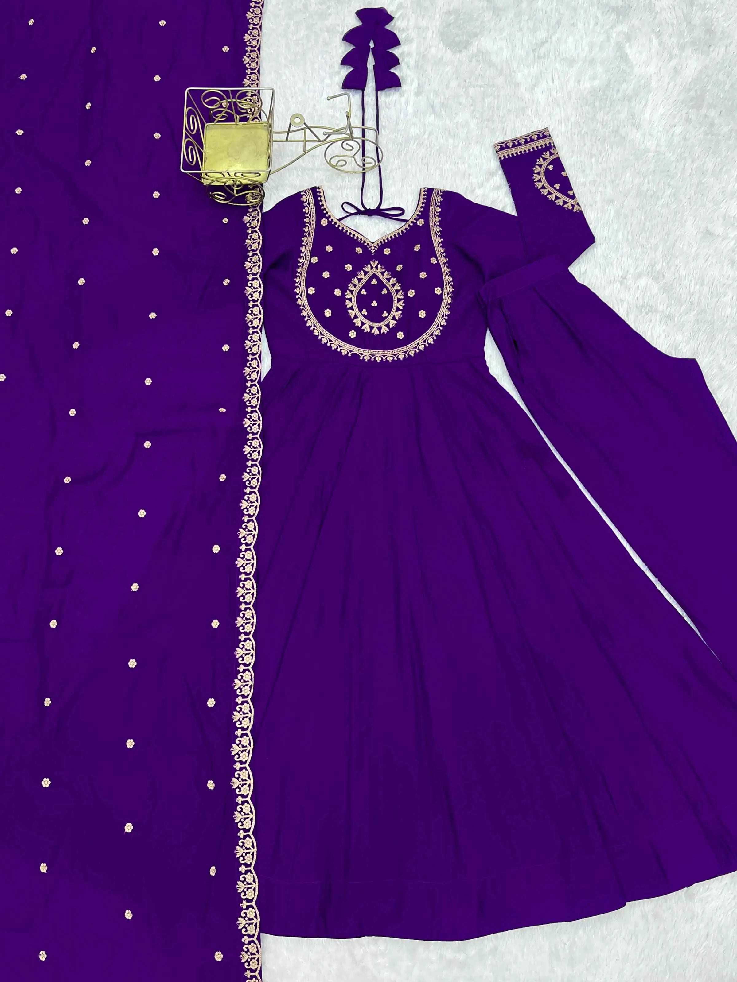 Purple Silk Gown With Beads Hand Work