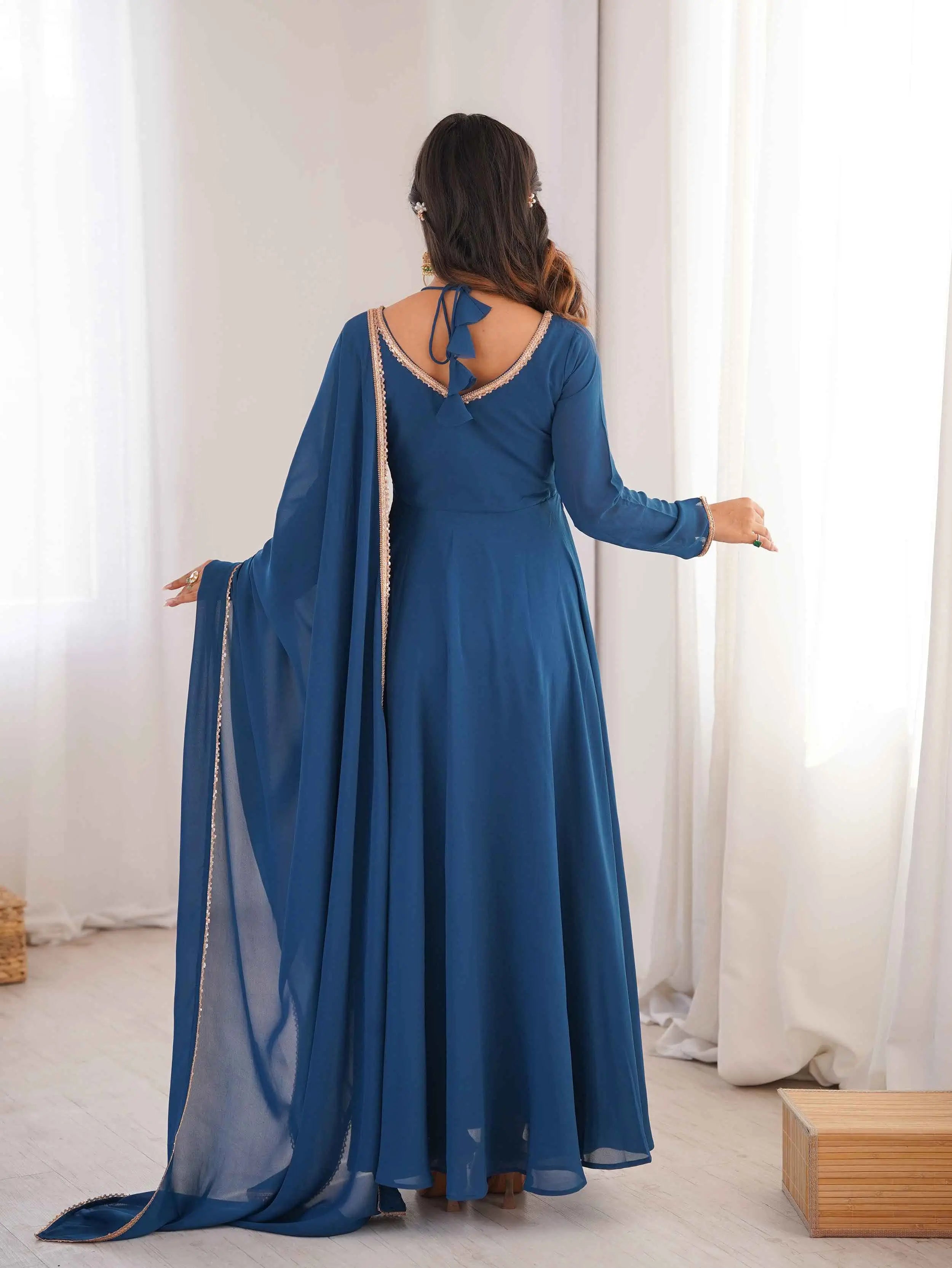 Designer Teal Blue Georgette Gown & Dupatta