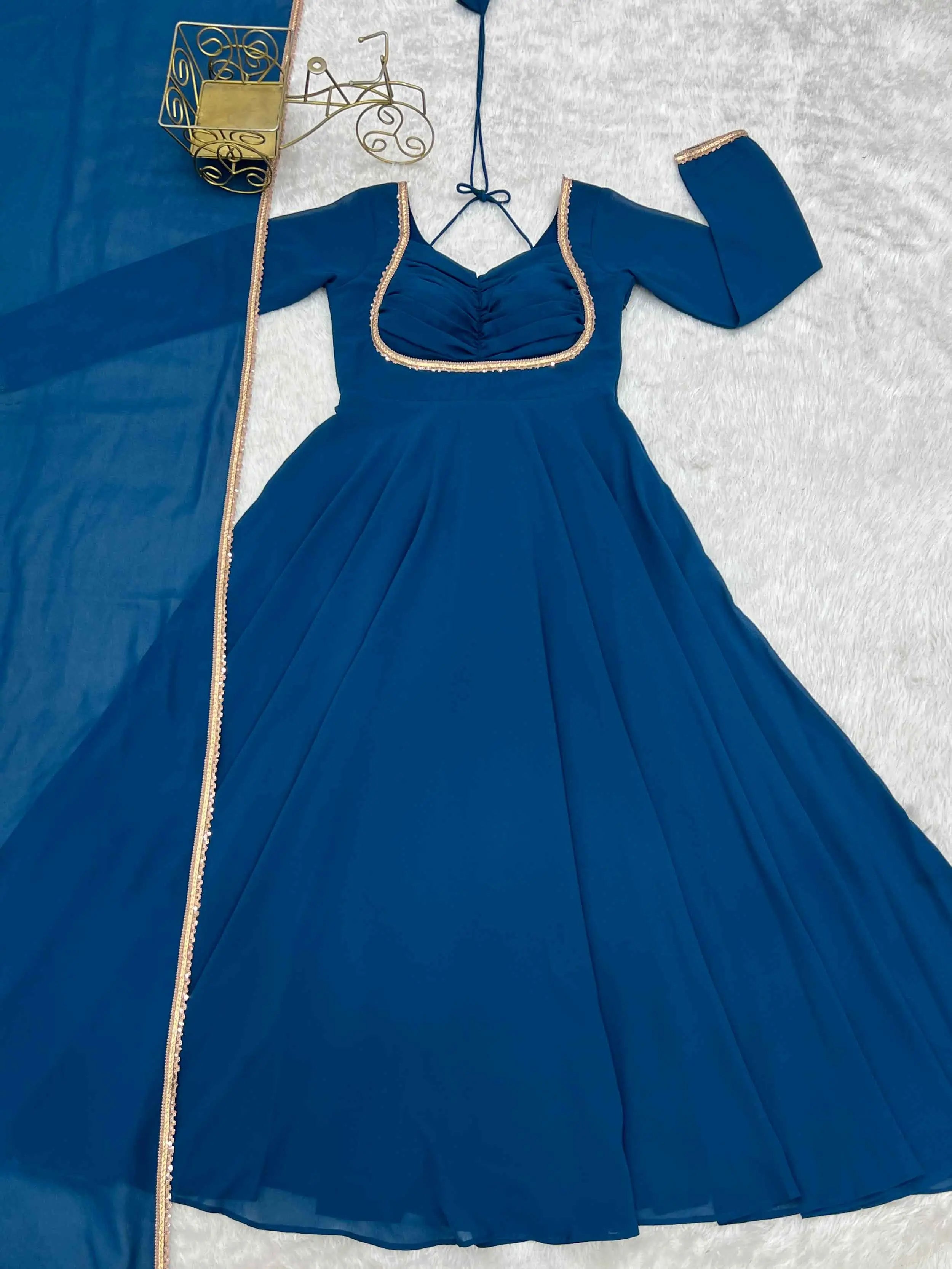 Designer Teal Blue Georgette Gown & Dupatta