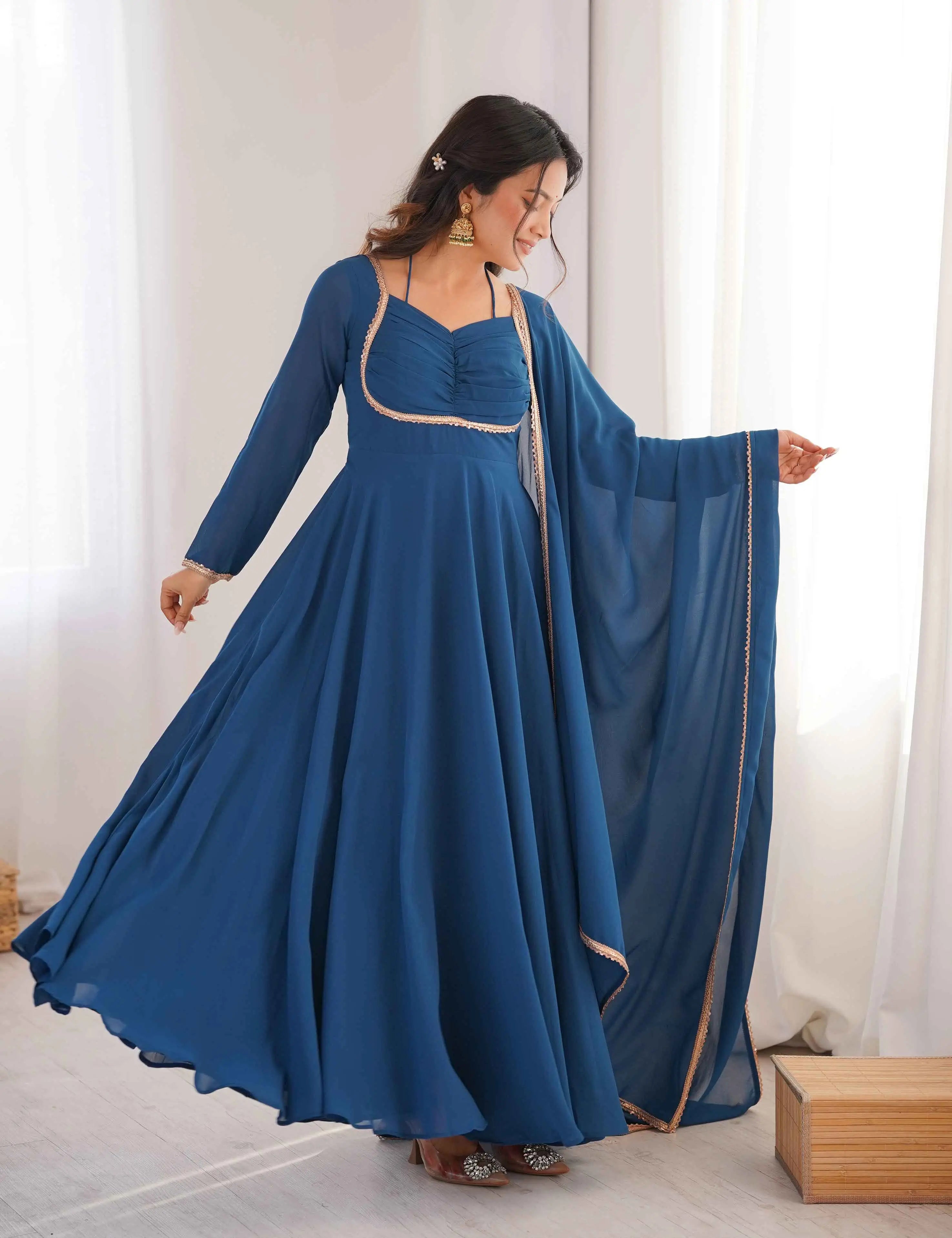 Designer Teal Blue Georgette Gown & Dupatta