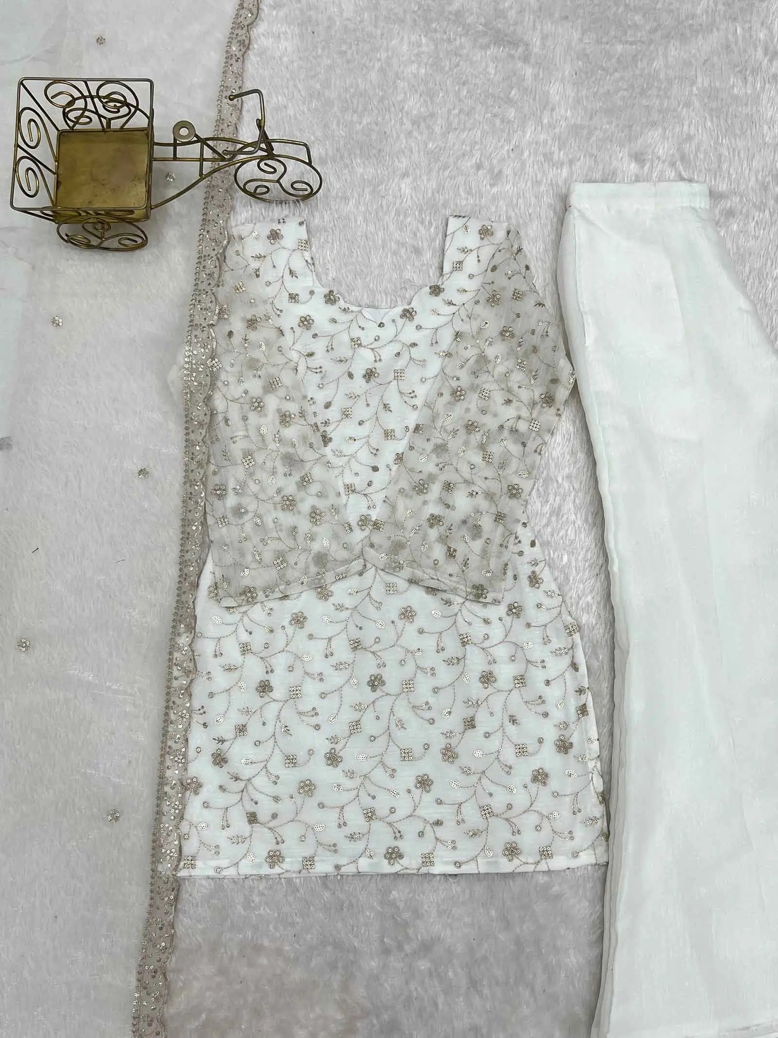 Off White Silk Embroidered Sharara Suit