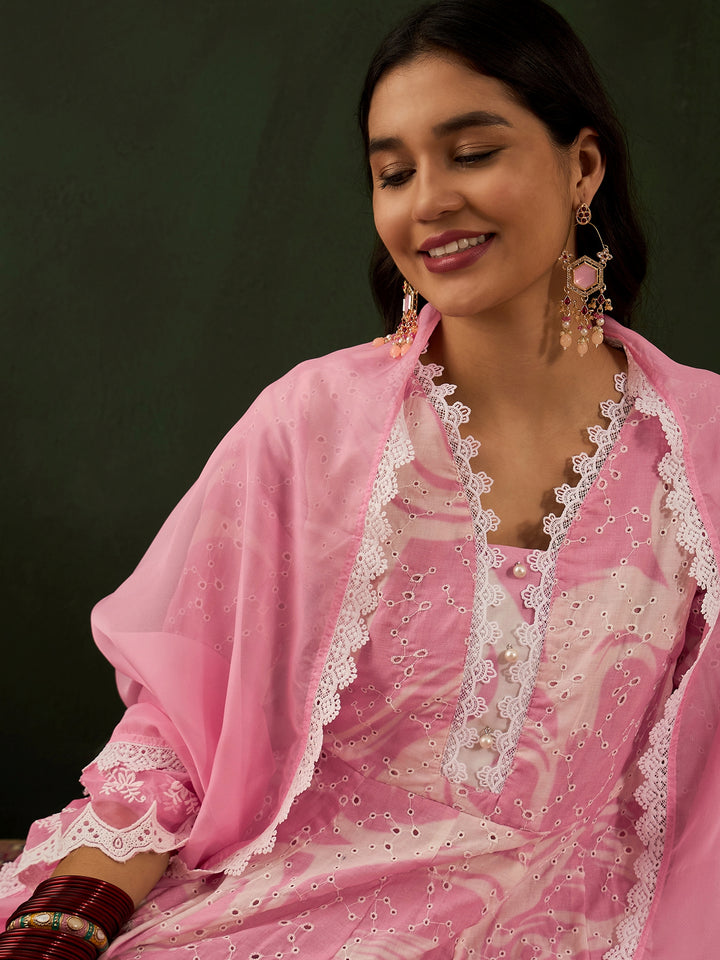 PINK COLOR COTTON BLEND PURE COTTON EMBROIDERED KURTA SET