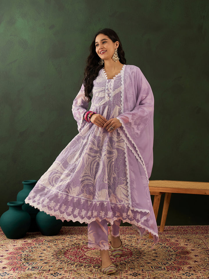 PURPLE COLOR COTTON BLEND PURE COTTON EMBROIDERED KURTA SET