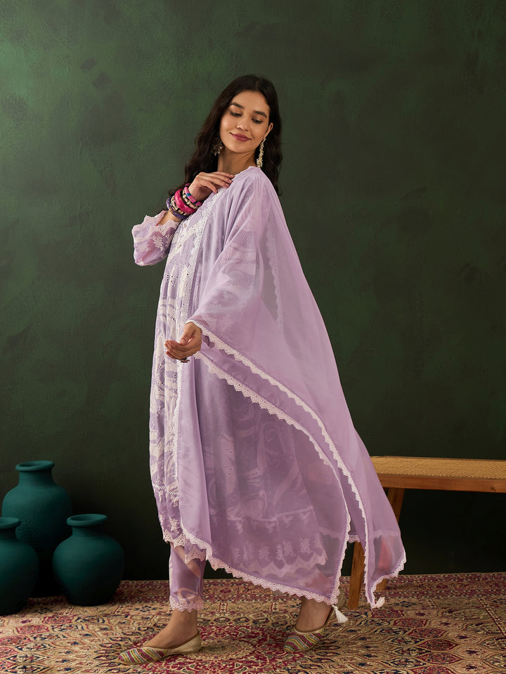 PURPLE COLOR COTTON BLEND PURE COTTON EMBROIDERED KURTA SET