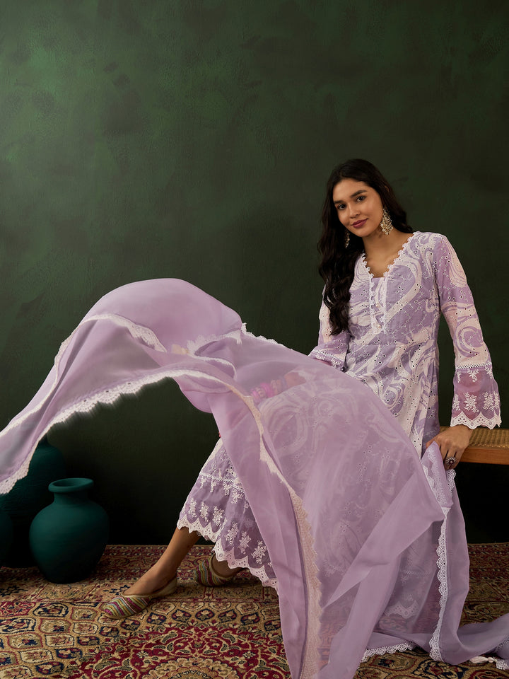 PURPLE COLOR COTTON BLEND PURE COTTON EMBROIDERED KURTA SET