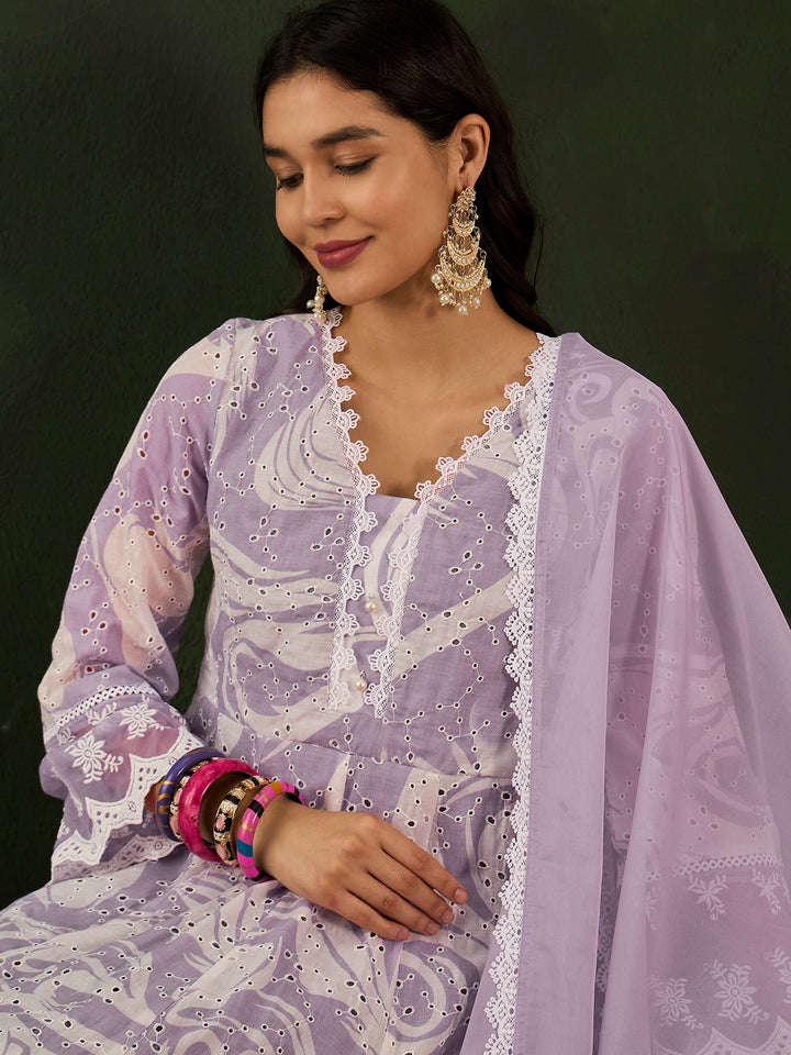 PURPLE COLOR COTTON BLEND PURE COTTON EMBROIDERED KURTA SET