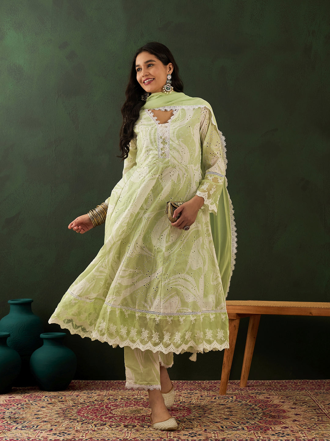 GREEN COLOR COTTON BLEND PURE COTTON EMBROIDERED KURTA SET