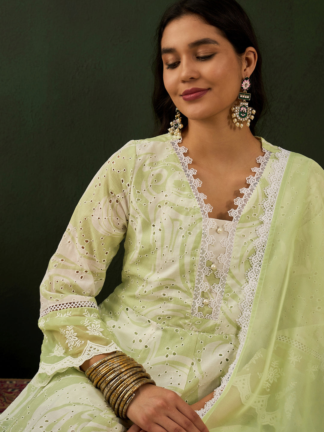 GREEN COLOR COTTON BLEND PURE COTTON EMBROIDERED KURTA SET