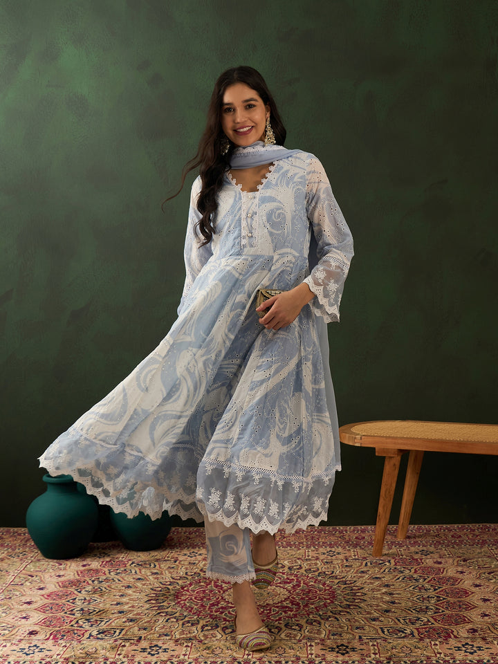 BLUE COLOR COTTON BLEND PURE COTTON EMBROIDERED KURTA SET