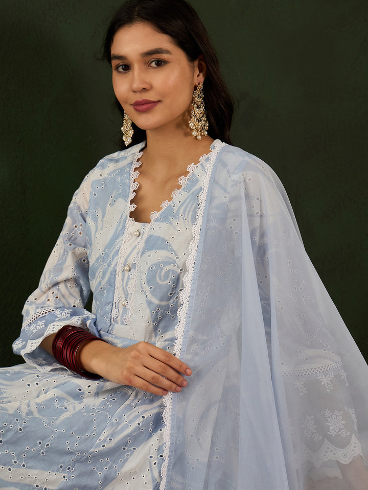 BLUE COLOR COTTON BLEND PURE COTTON EMBROIDERED KURTA SET